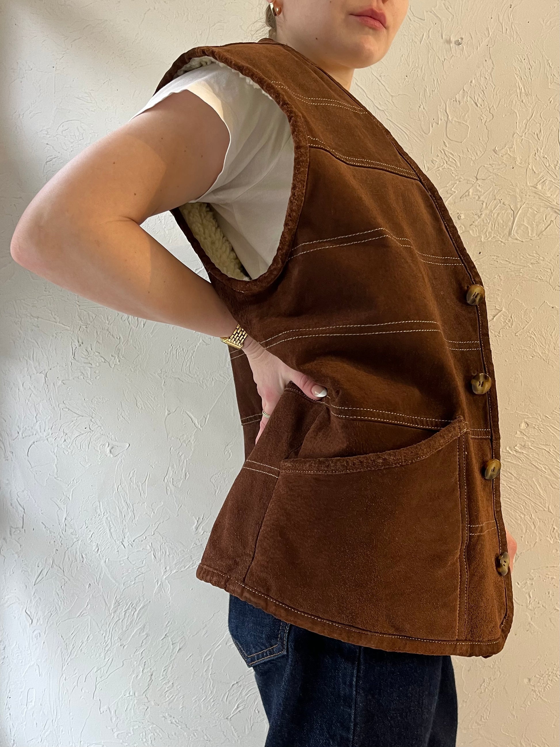 Vintage Brown Suede Shearling Vest / Large