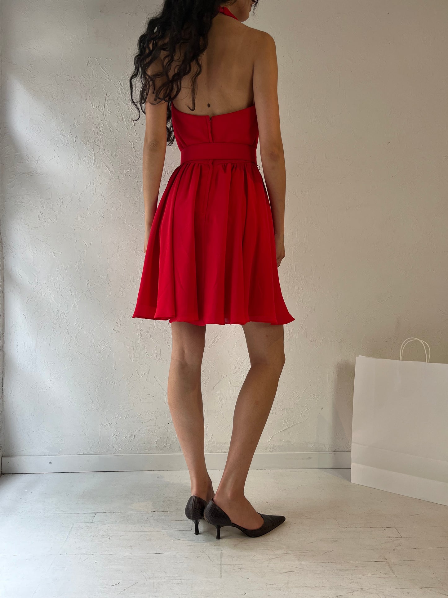 70s 'Algo' Red Halter Dress / Small