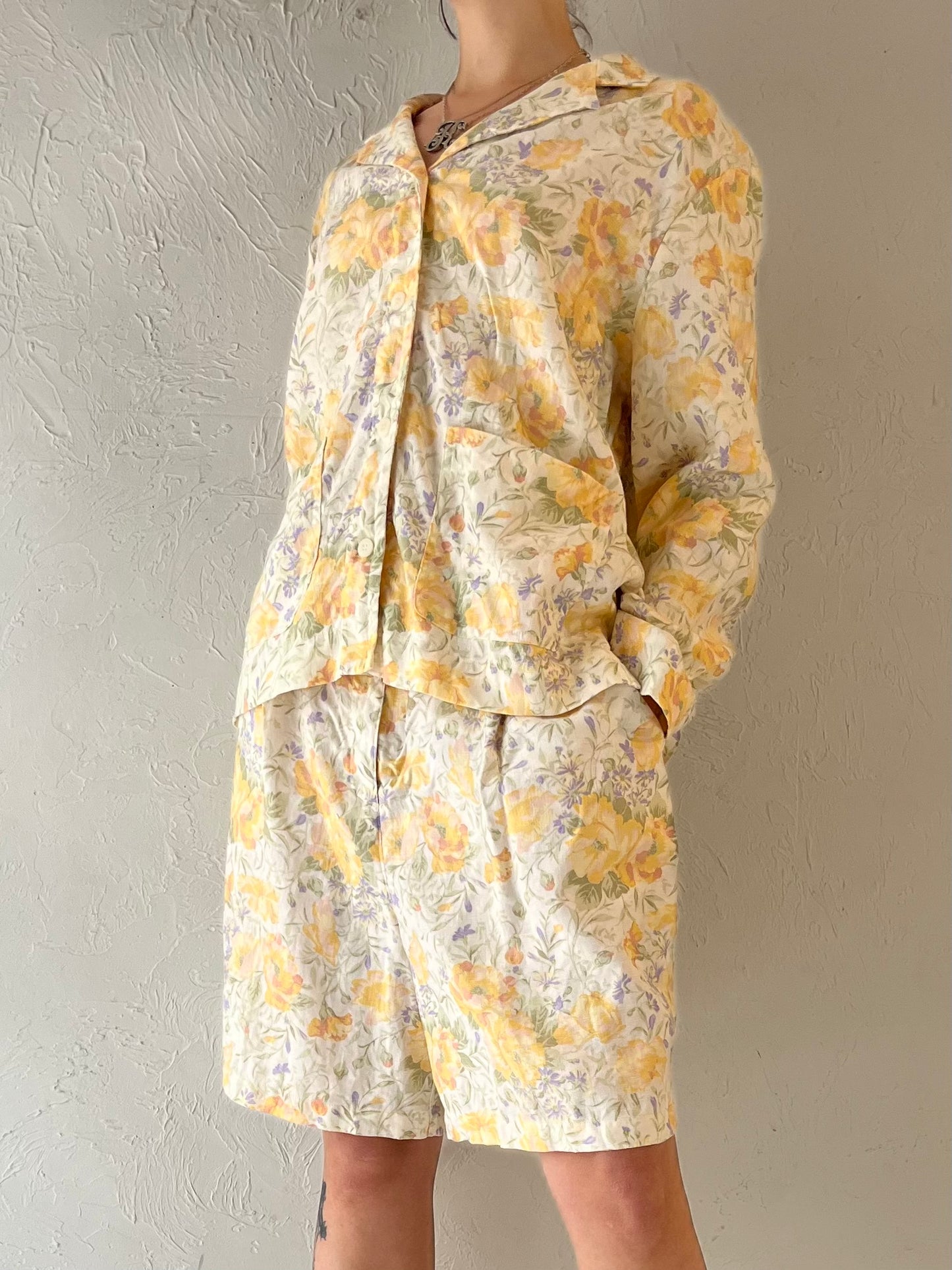 90s 'Jones Wear' Yellow Floral Linen Set / Large