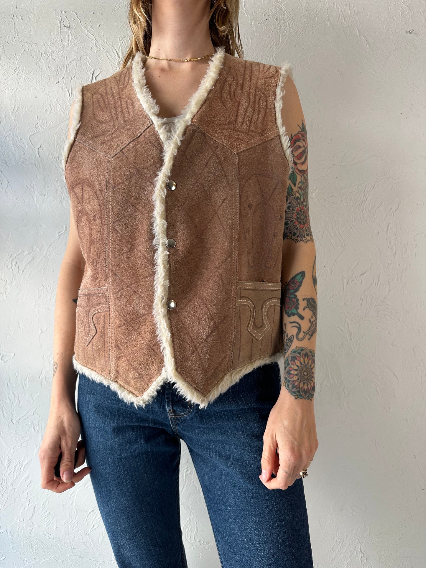 Vintage 'Genuine Leather' Embossed Suede Faux Fur Lined Vest / Large