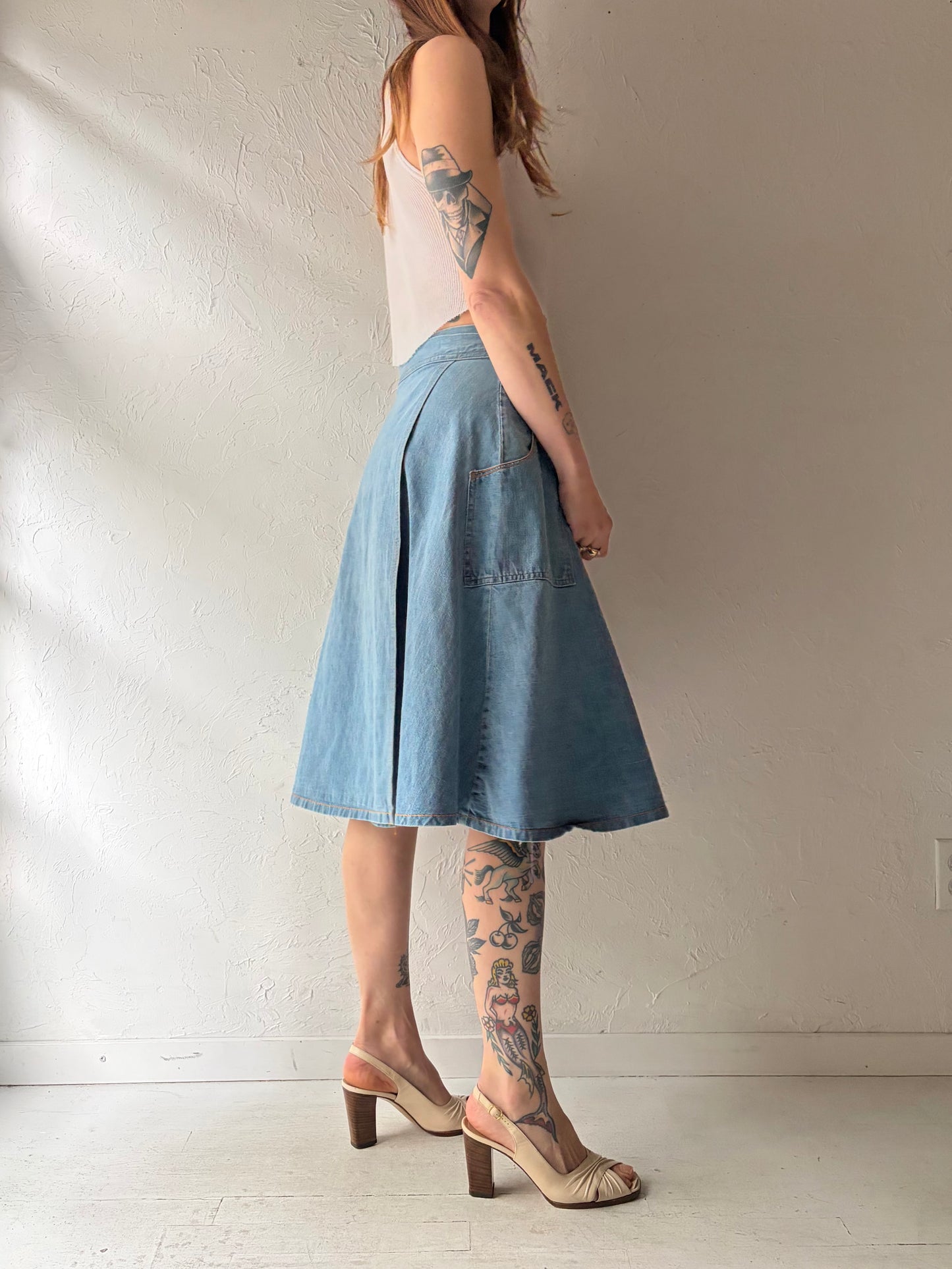 70s 'Pulse' Denim Western Wrap Summer Skirt/ Vintage 1970s Cowgirls Midi Skirt / Small