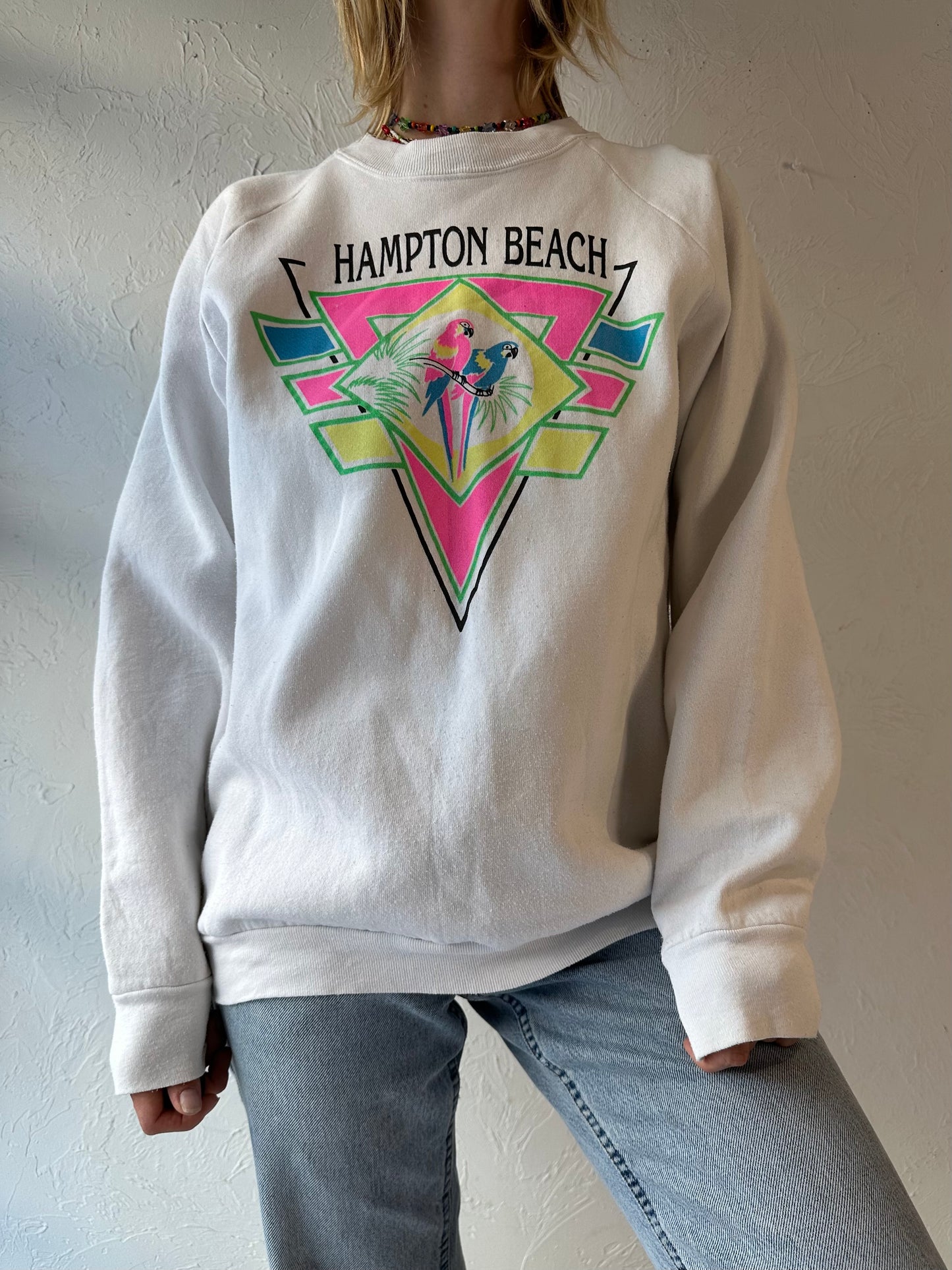 90s 'Fruit of the Loom' Hampton Beach White Crew Neck Sweatshirt / XL