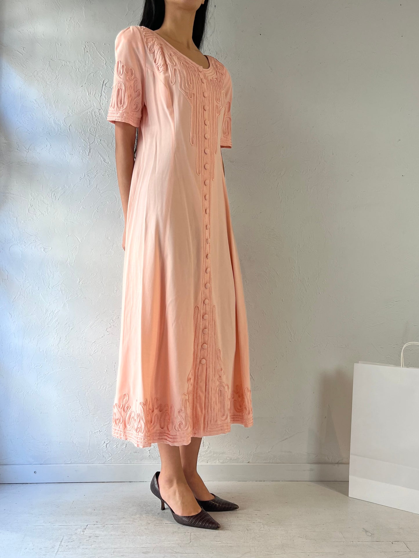 90s ‘Sarah Elizabeth’ Peach Button Up Maxi Dress / Medium - Large