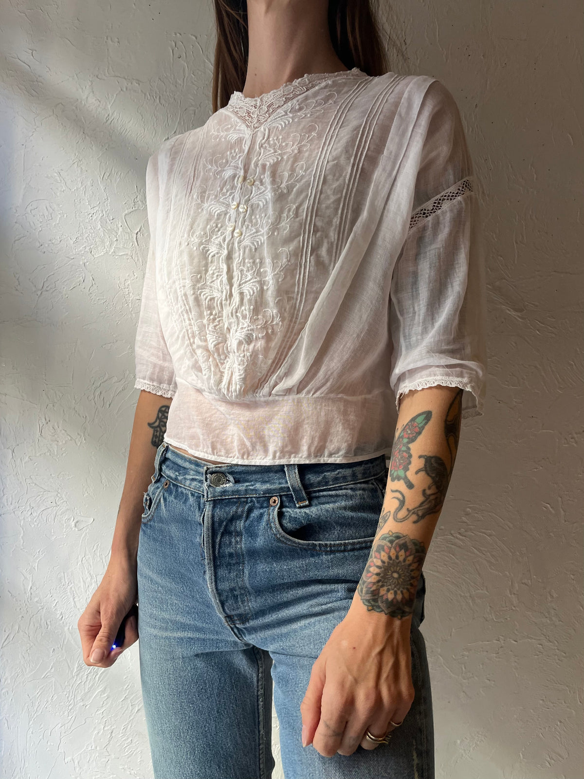 Vintage White Embroidered Prairie Blouse Romantic Victorian Style Cottagecore Top / Small