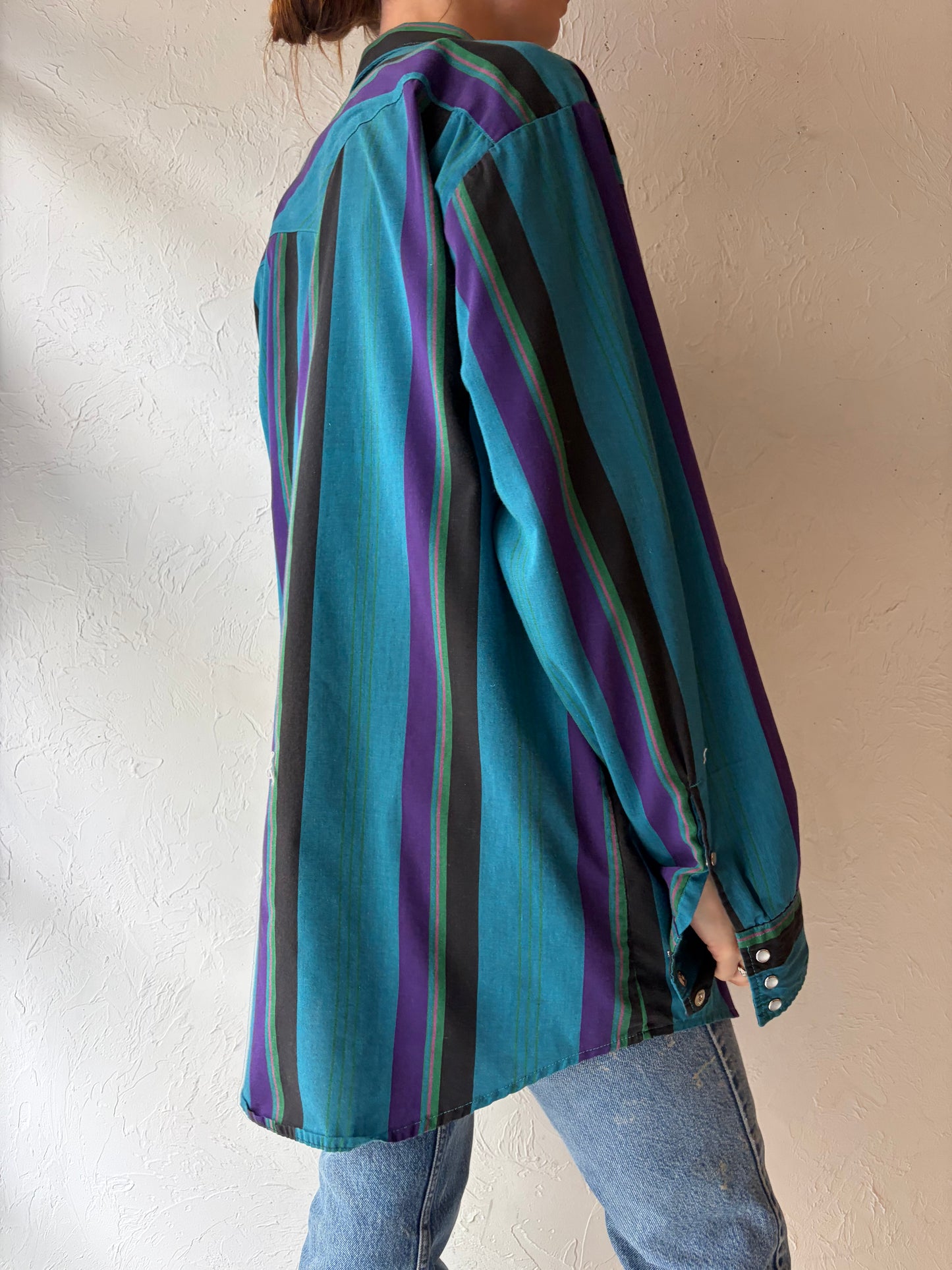 80s 'MGW' Striped Western Snap Up Shirt / Vintage 80s Cowboy Work Wear Shirt / XL