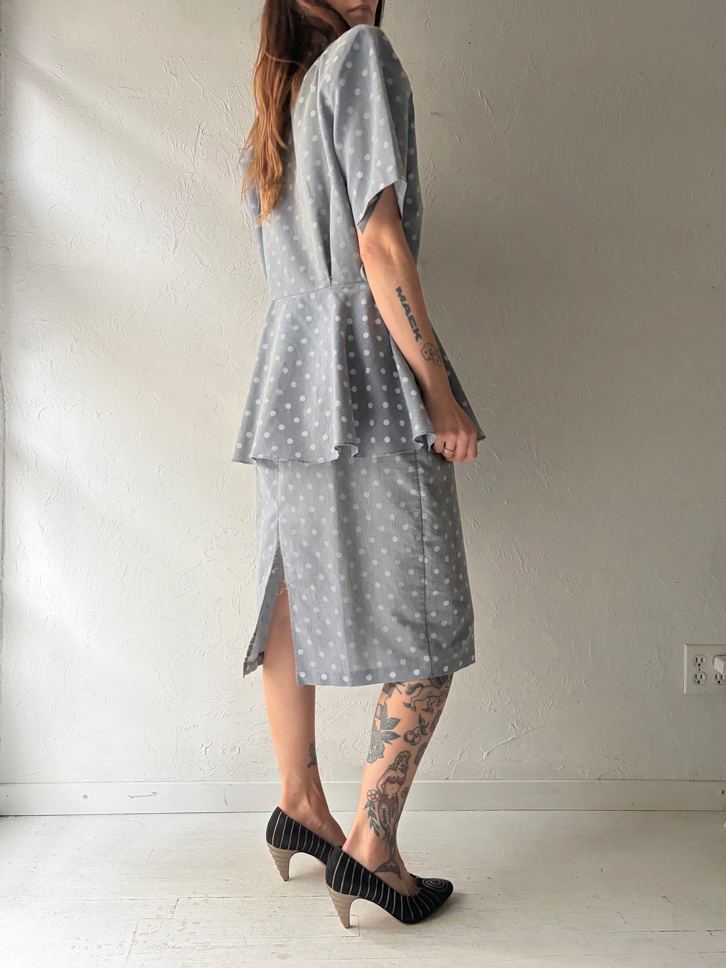 80s 'Just D' Vintage Retro Gray Polka Dot Peplum Dress /