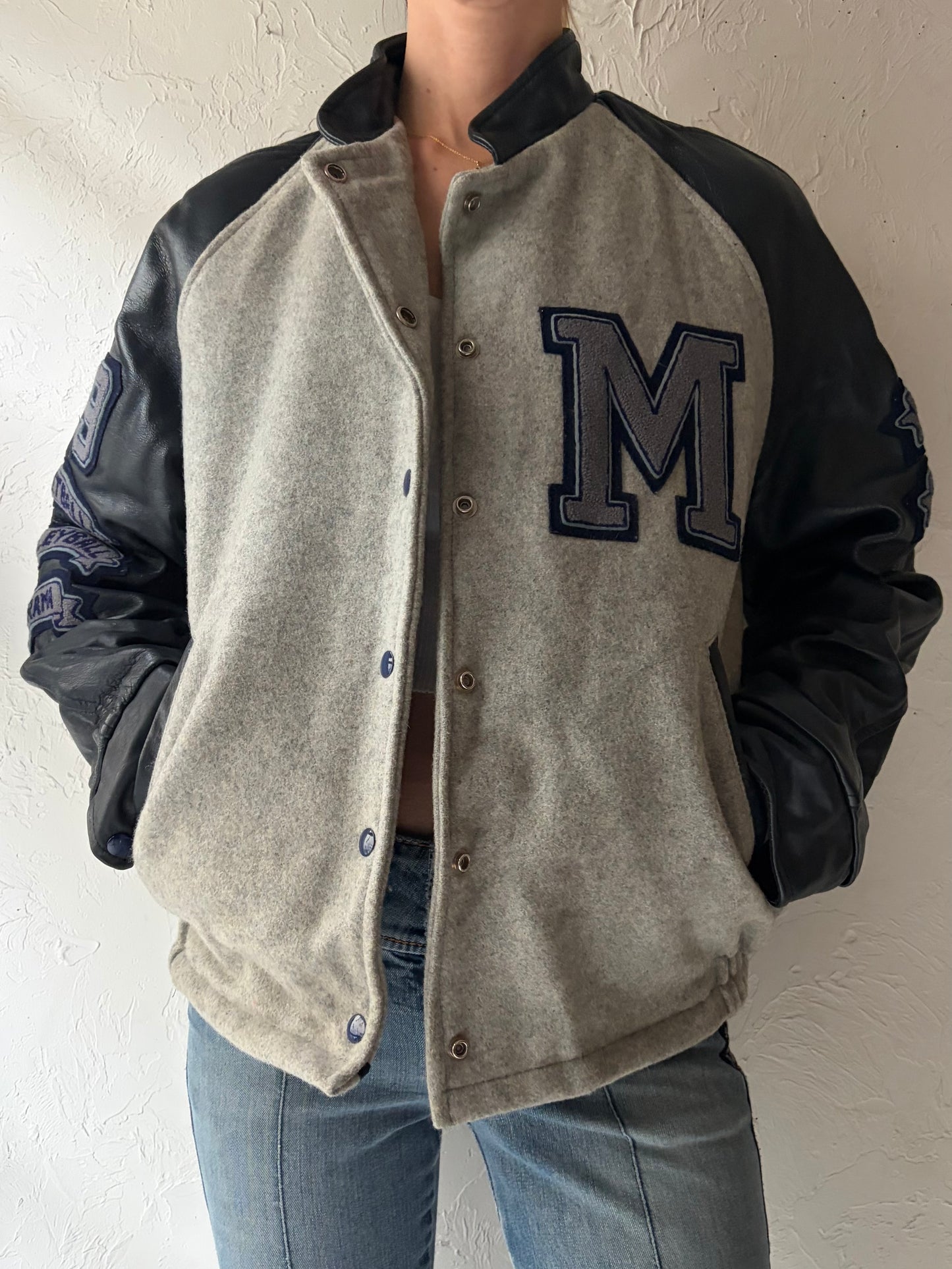 80s 'Prime Sports' Blue & Grey Retro Varsity Bomber Jacket / Medium