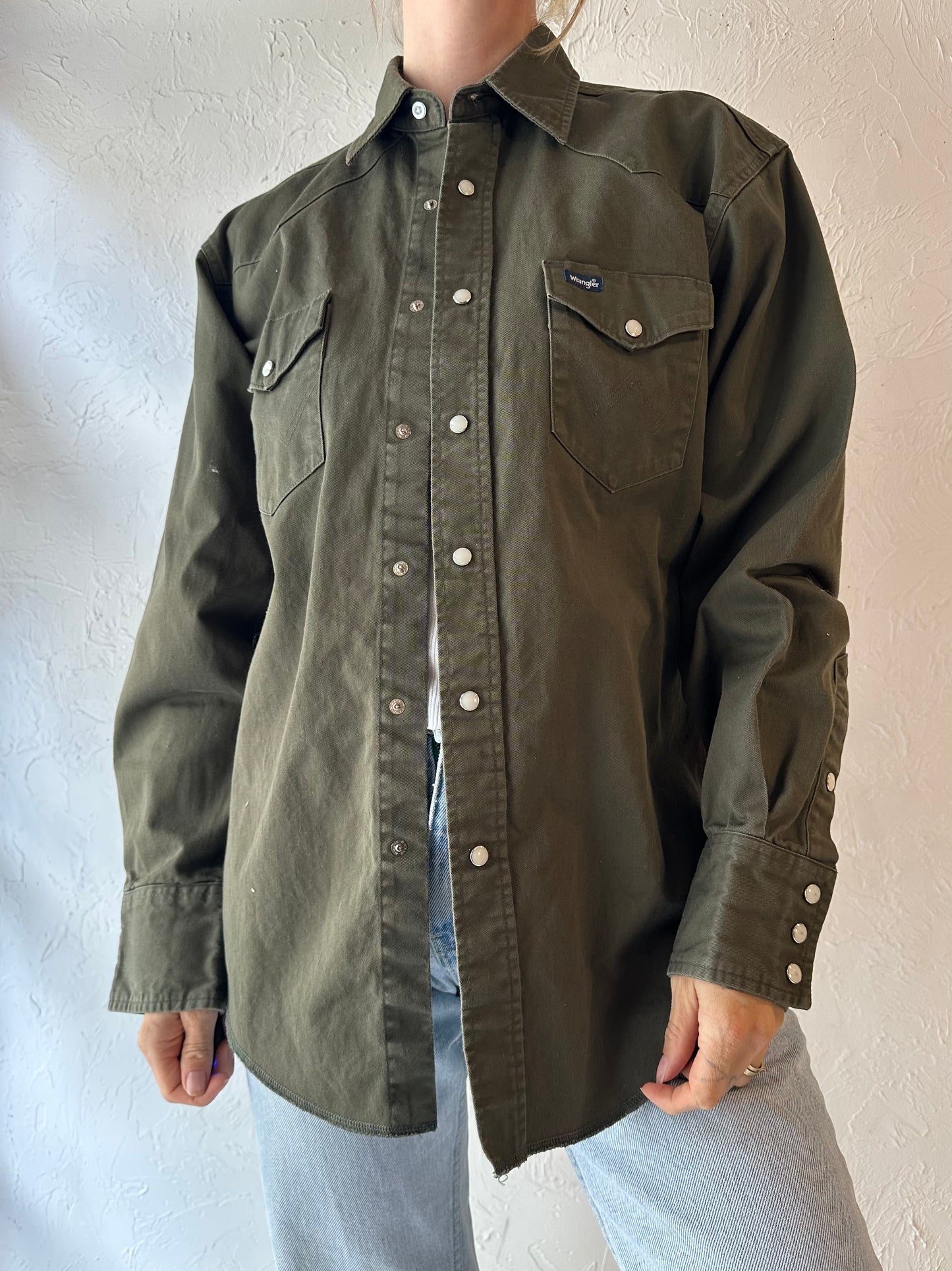 Y2k 'Wrangler' Green Thick Cotton Pearl Snap Shirt / Medium