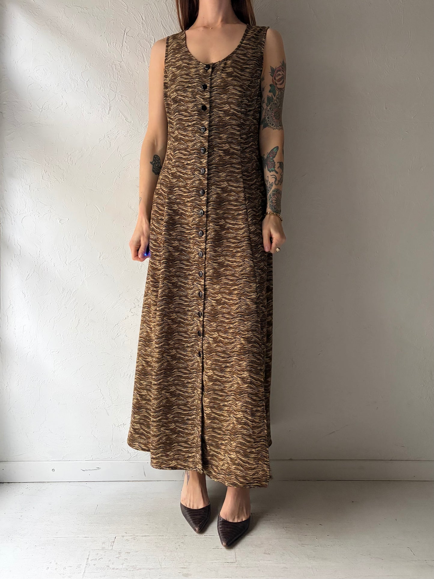 90s 'Betsy's Thing' Vintage Retro Grunge Animal Tiger Print Maxi Dress / Medium
