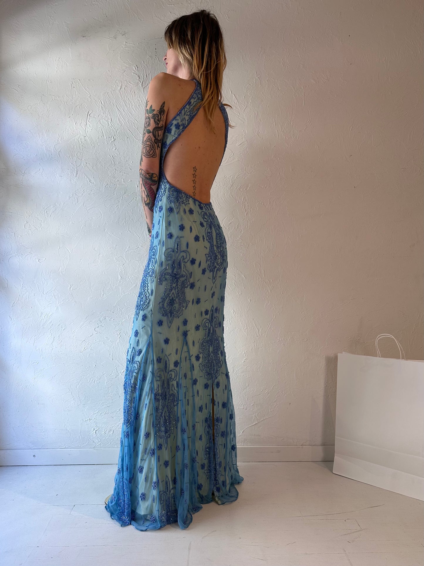 Y2k 'Sean Collection' Blue Beaded Backless Gown / Small
