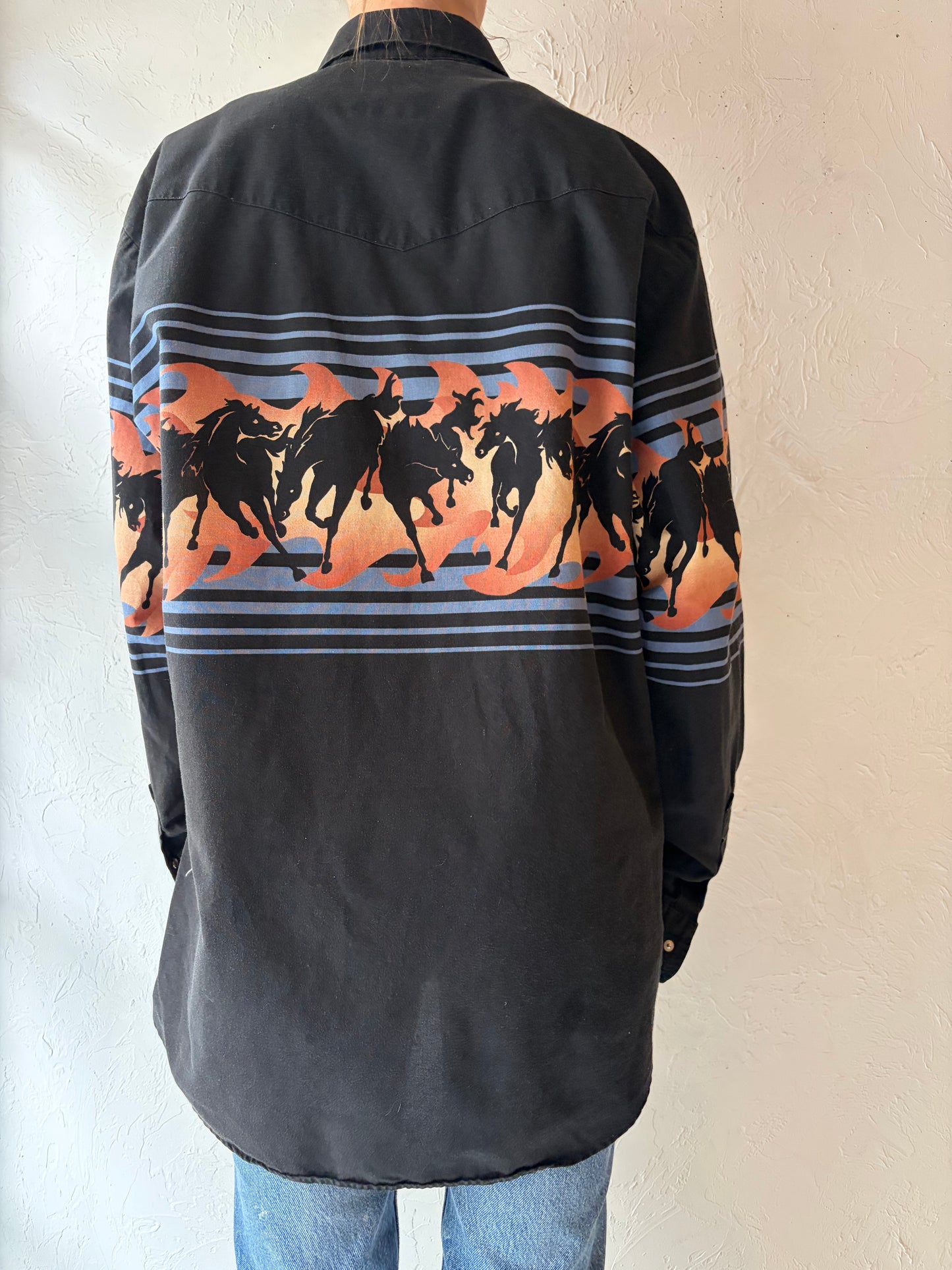 Y2k 'Roper' Horse Print Western Snap Up Shirt / Vintage 2000s Animal Print Cowboy Work Wear Shirt / Large
