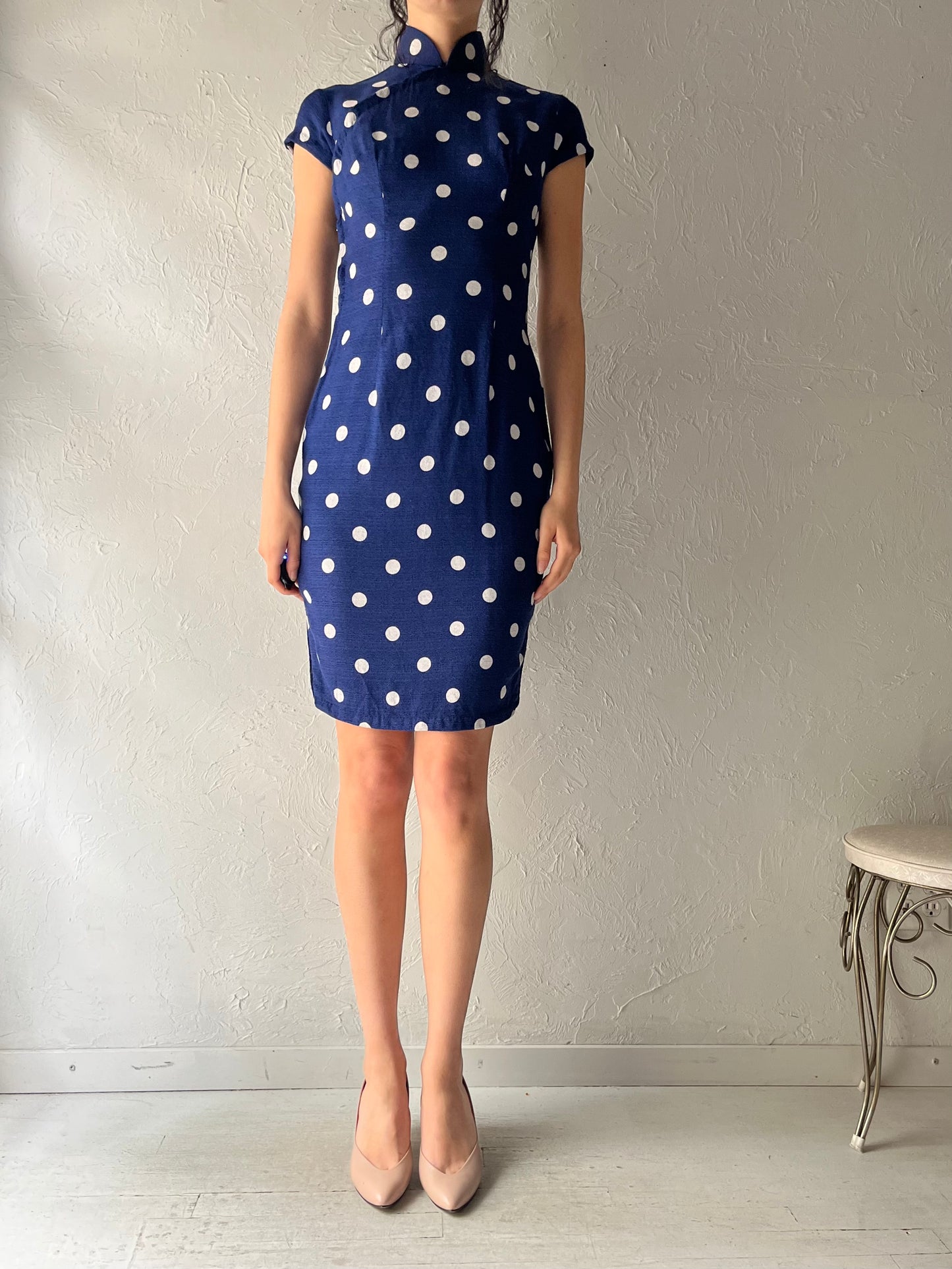 60s Blue Polka Dot Retro Pinup Rockabilly Summer Dress / Small
