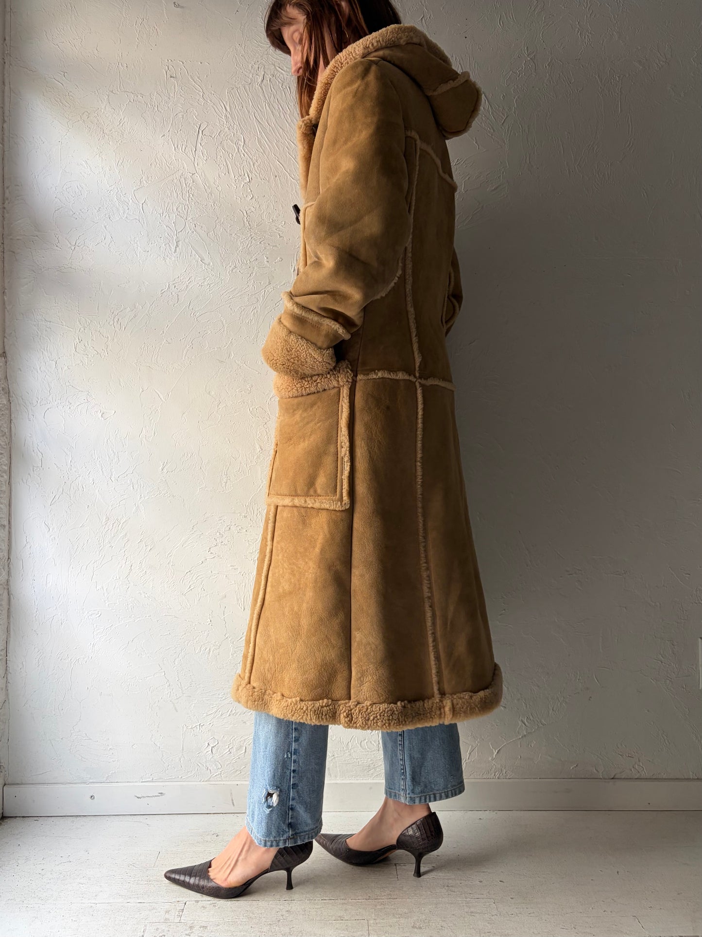 Vintage 'Pacific Fur' Suede Leather Hooded Winter Coat / Small
