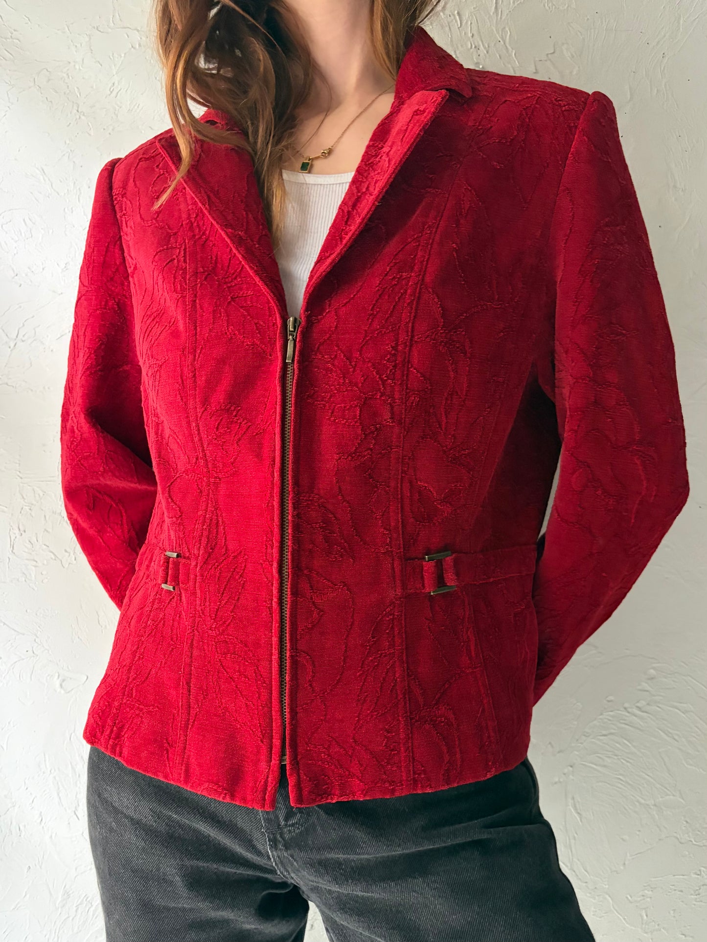 Y2k 'Concept' Red Boho Tapestry Cropped Zip Up Spring Jacket / Medium