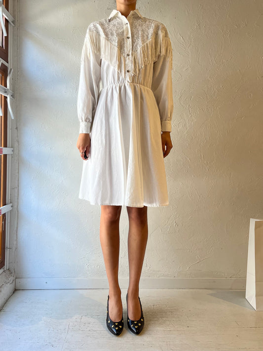 80s 'Lila Suilty' White Fringe Western Dress / Small