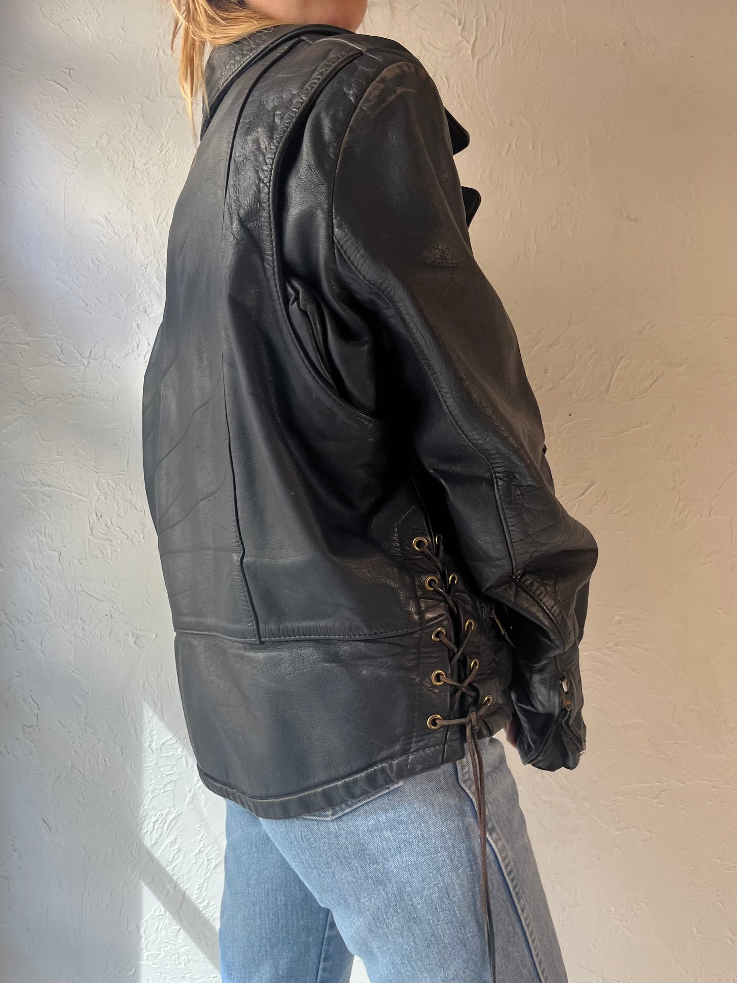 90s 'Treen' Heavy Duty Leather Moto Jacket / Large