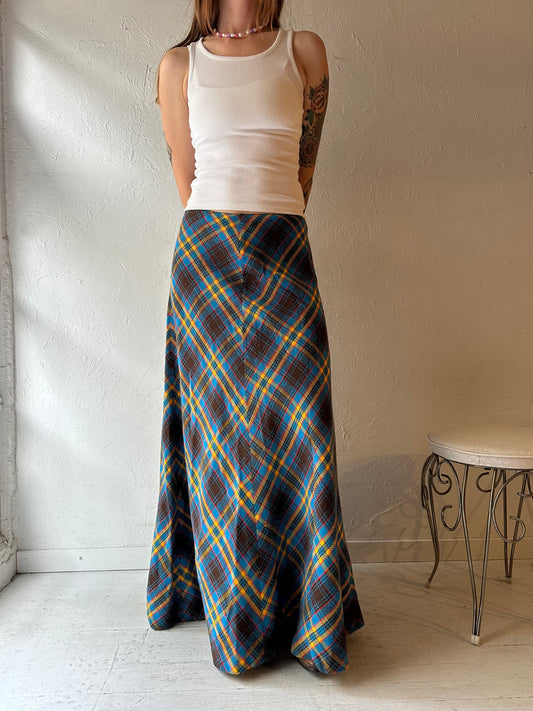 Vintage Handmade Blue Plaid Knit Maxi Skirt / Medium
