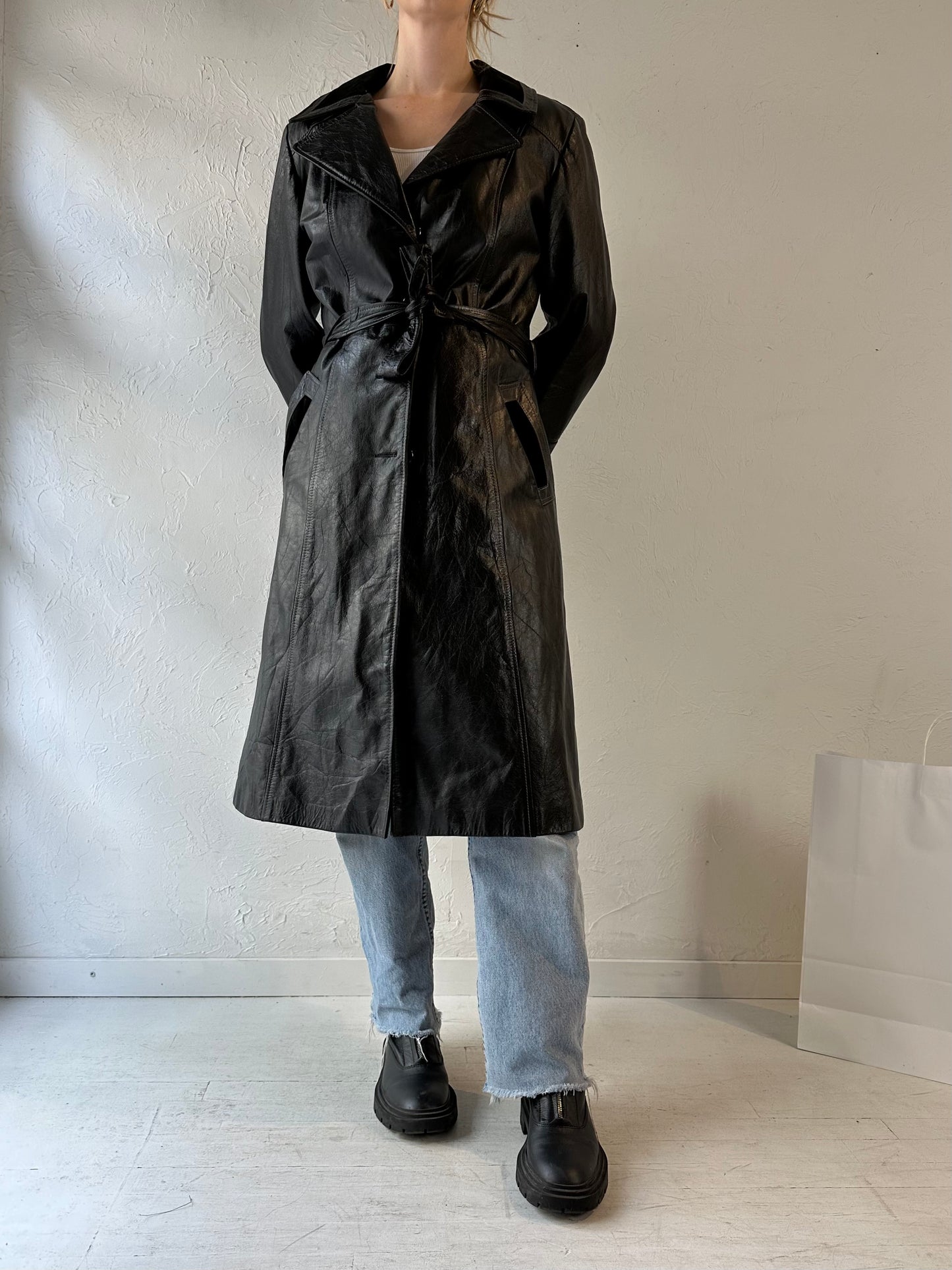 Vintage Black Leather Trench Coat / Medium