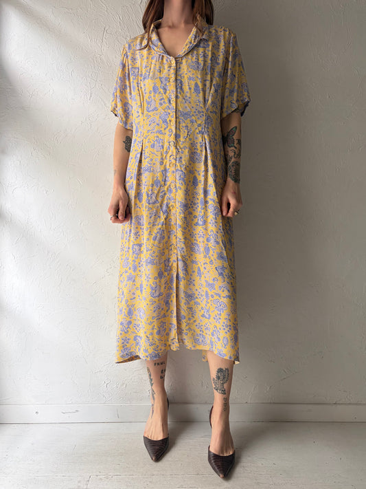 90s 'April Too' Yellow Floral Print Rayon Cottage Core Grunge Dress / Large