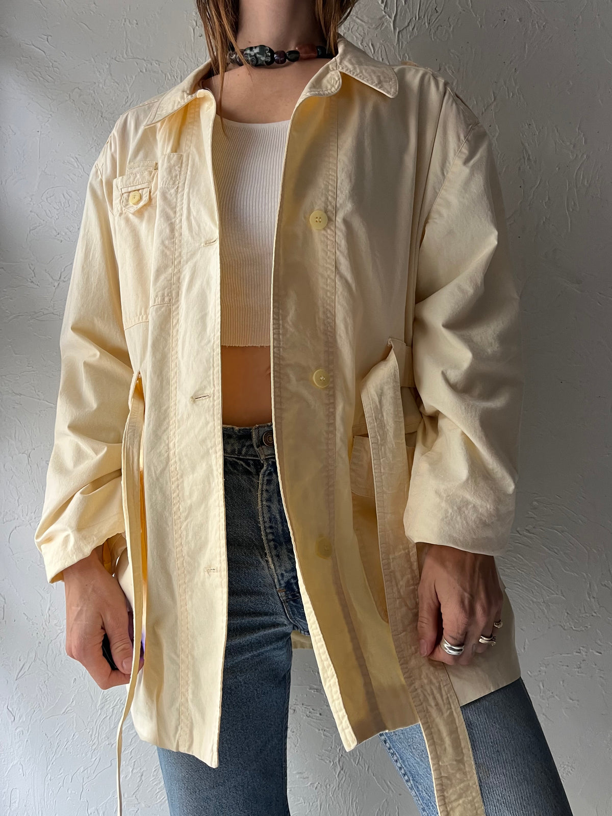 90s 'Craydon' Butter Yellow Belted Utility Jacket Safari Minimalist Spring Outerwear / Medium