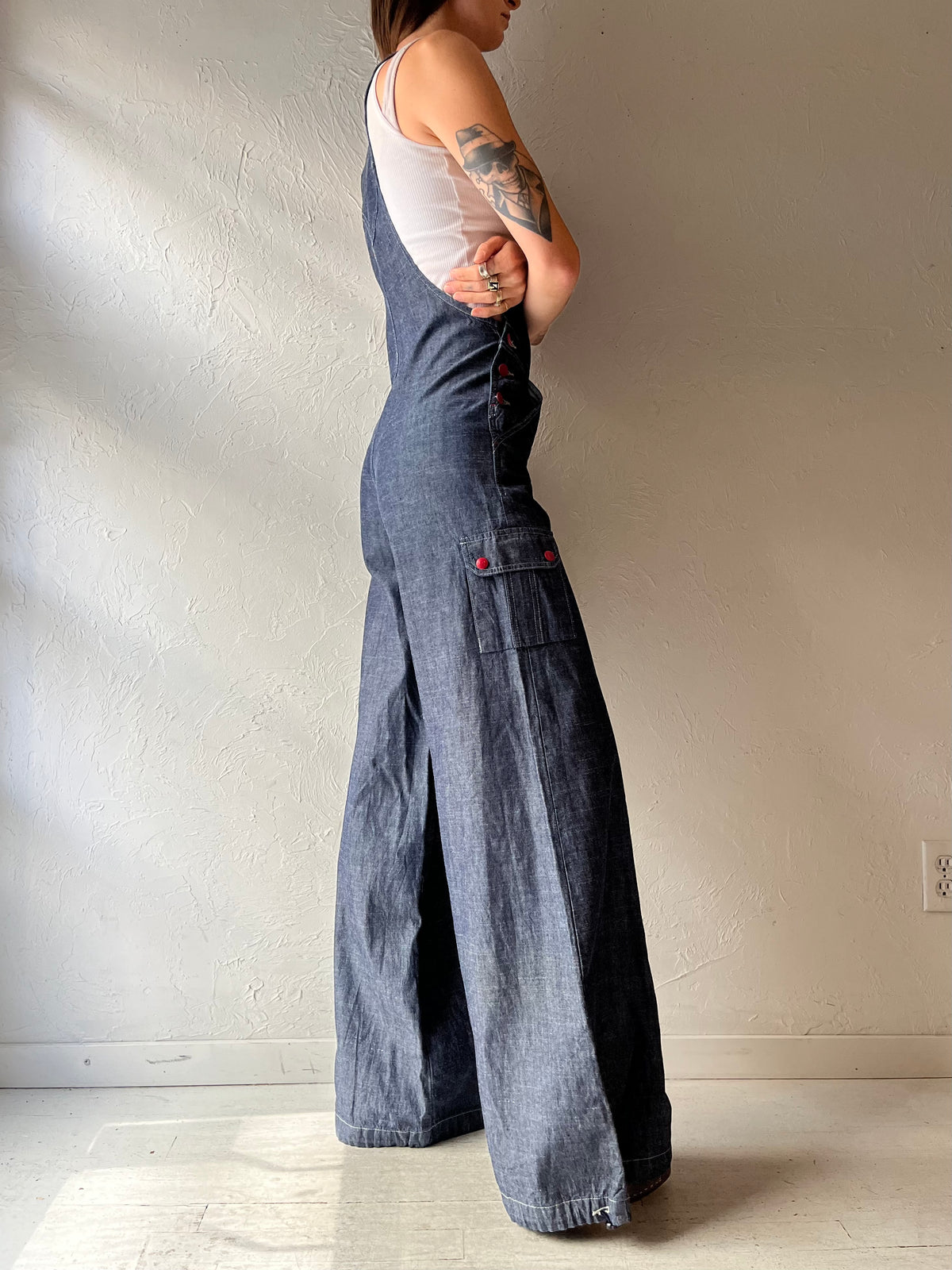 Y2K Dark Wash Denim Utility Grungecore Wide Leg Overalls / Small