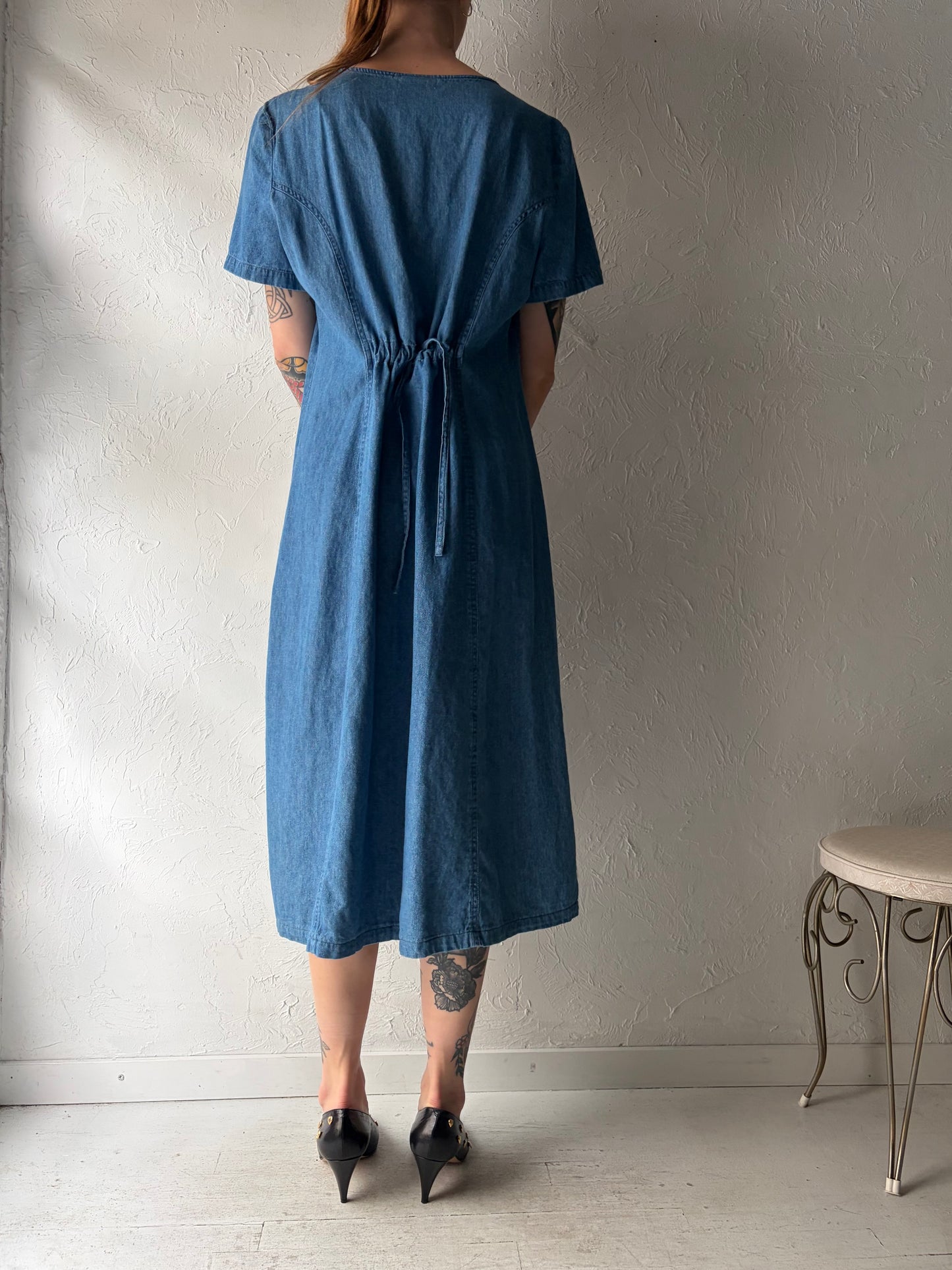 90s 'Fair Set' Embroidered Denim Dress / Medium