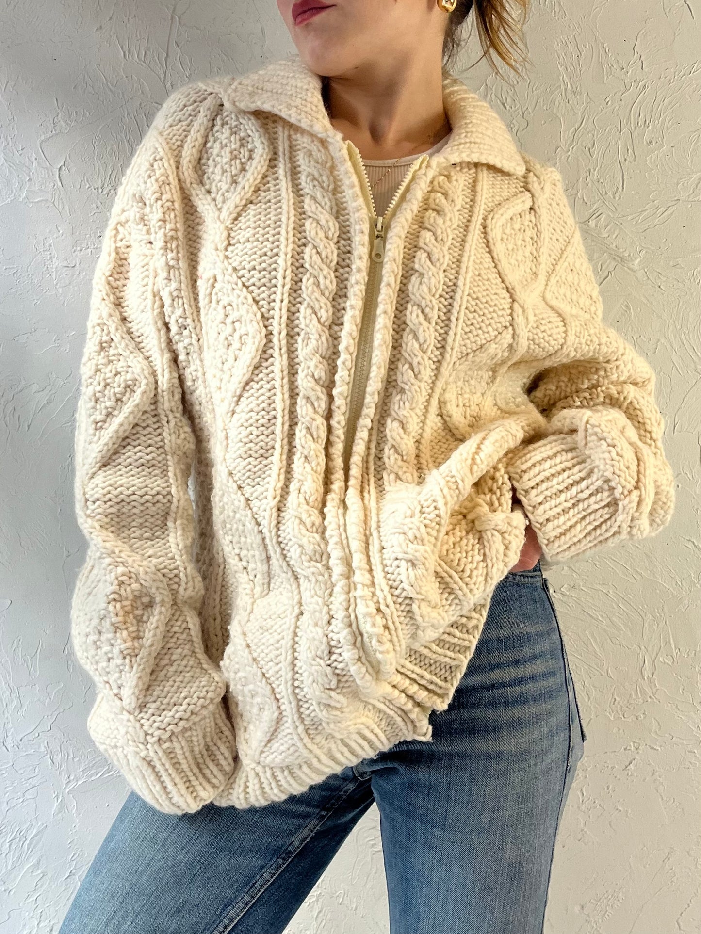 Vintage ‘Atesanias’ Cream Cable Knit Zip Up Sweater / Medium