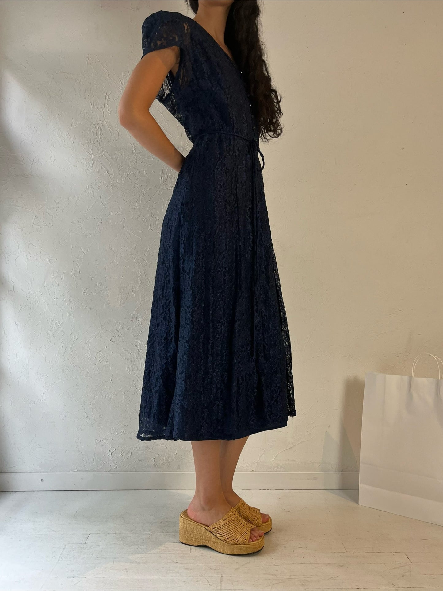 90s 'Joni Blair' Navy Blue Lace Dress / Medium