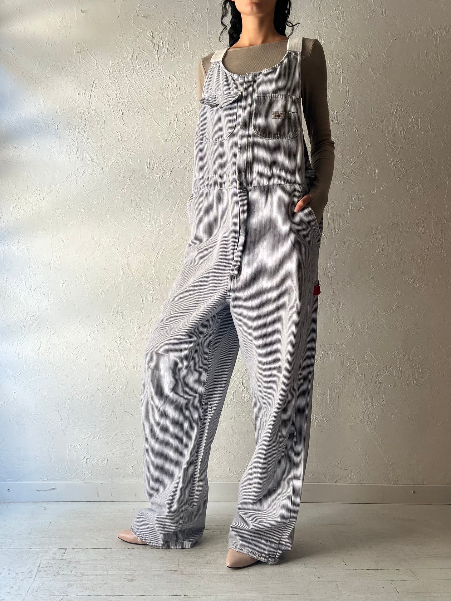 80s 'GWG' Pinstripe Denim Work Wear Overalls / Large