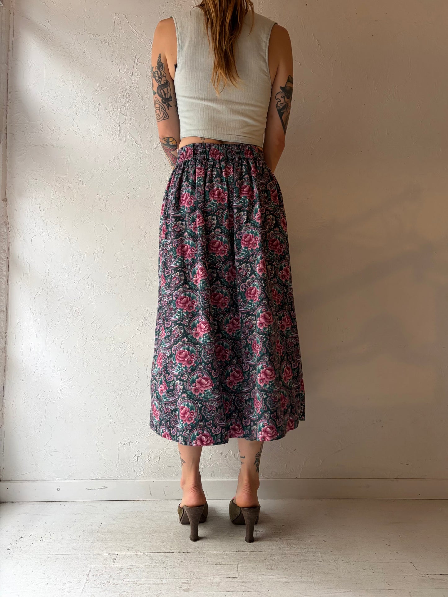90s 'Lady Footlocker' Floral Midi Skirt / Small