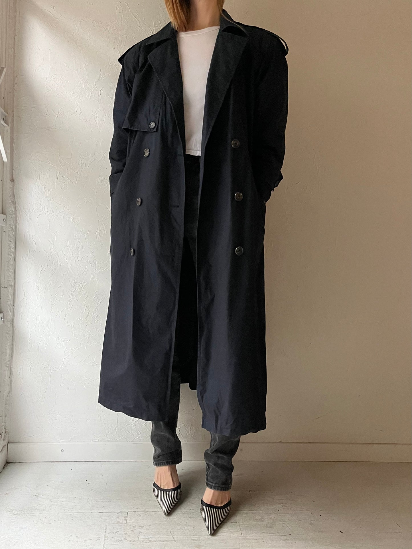 90s ‘Anne Klein’ Navy Blue Lined Trench Coat / Medium