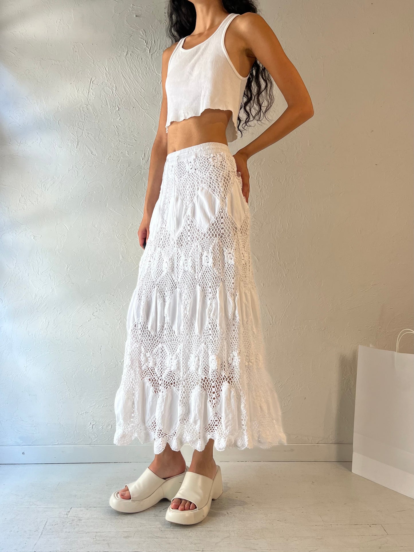 Y2k 'Baja Clothing' White Cotton Crochet Maxi Skirt / Small