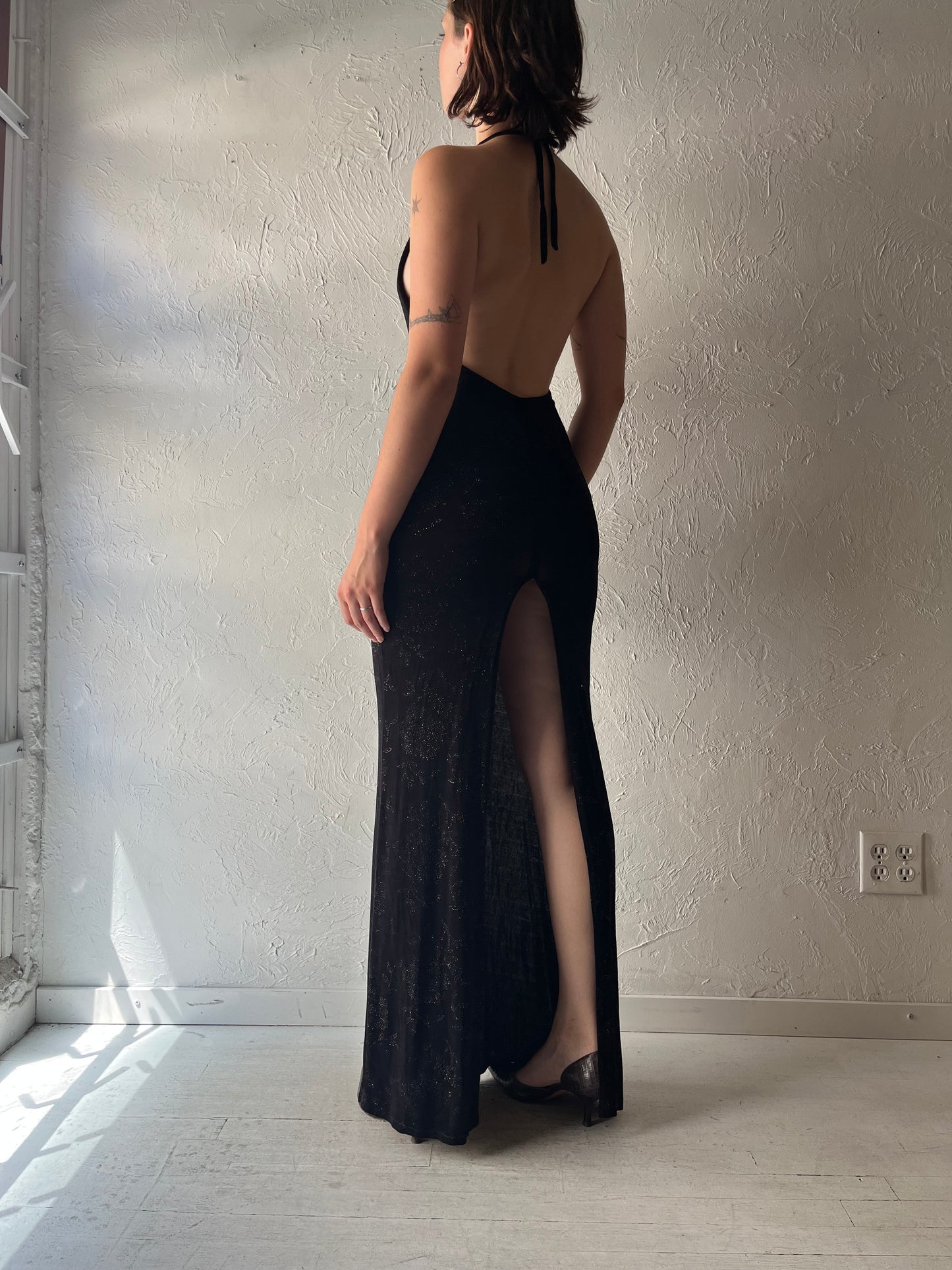 Vintage Black Sparkly Floral Retro Halter Fitted Formal Maxi Dress / Small - Medium