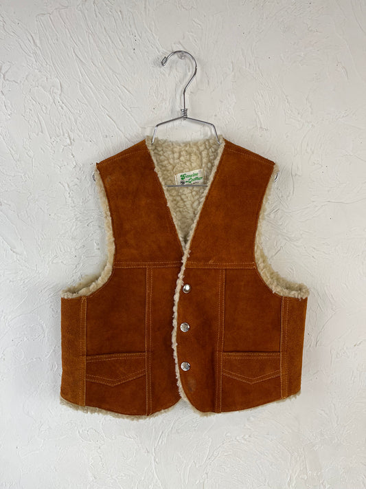 Vintage 'Genuine Leather' Suede Leather Faux Shearling Lined Kids Vest / 12