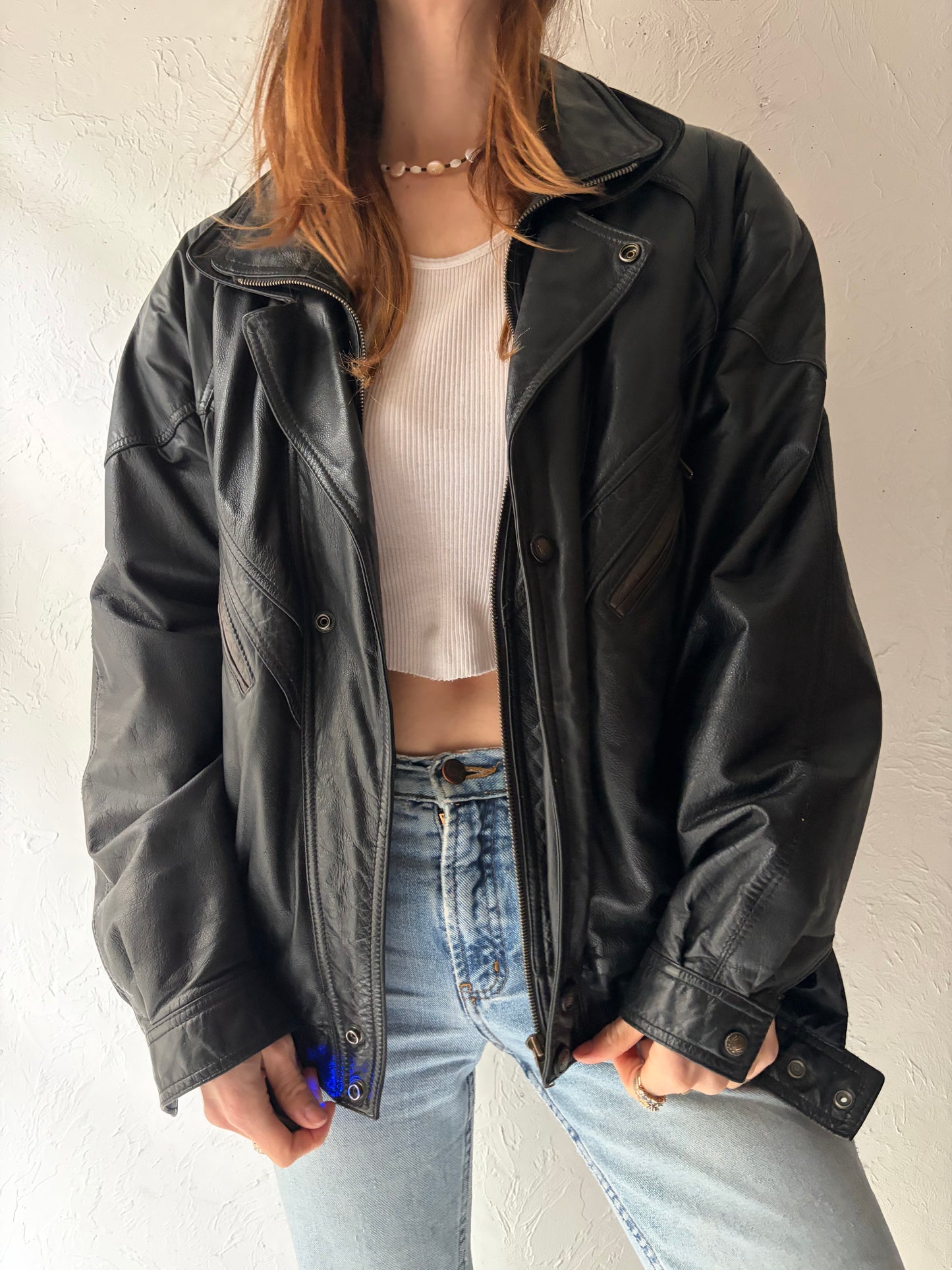 90s Black Leather Bomber Jacket / Large