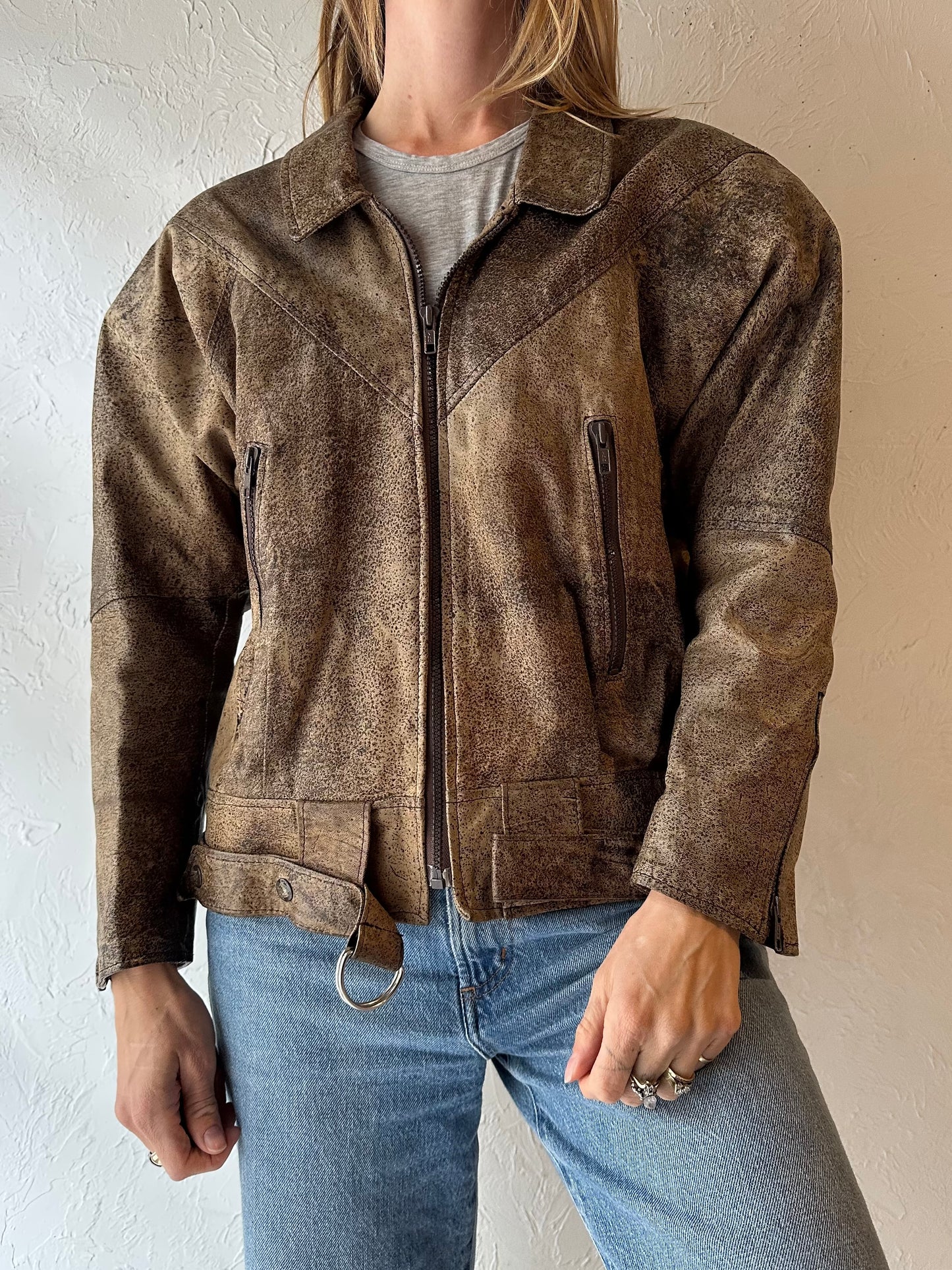 80s ‘Leather Ranch’ Brown Leather Bomber Jacket / Small