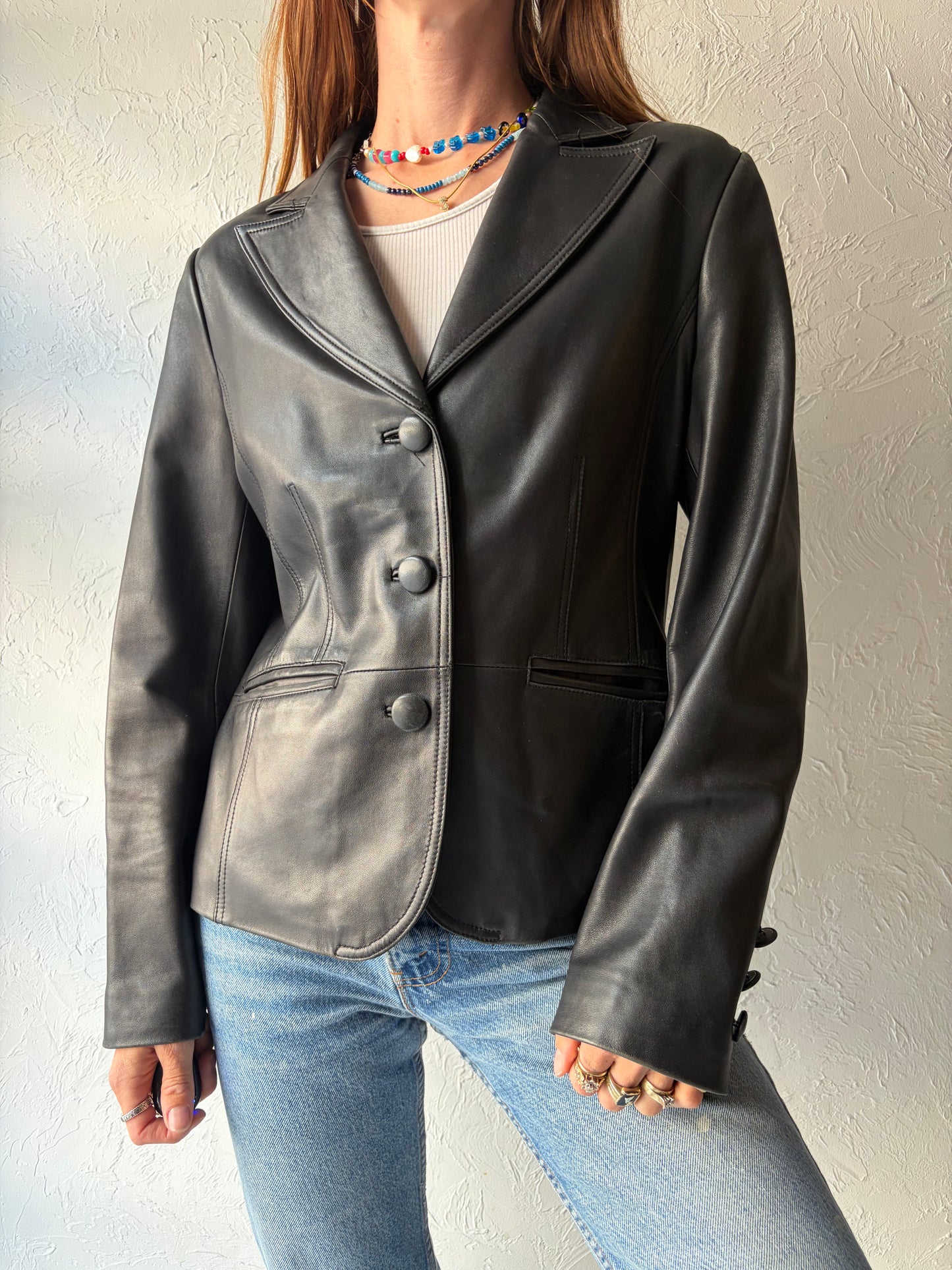 Y2k 'Barnardo' Black Leather Normcore Minimalist Blazer Style Jacket / Medium