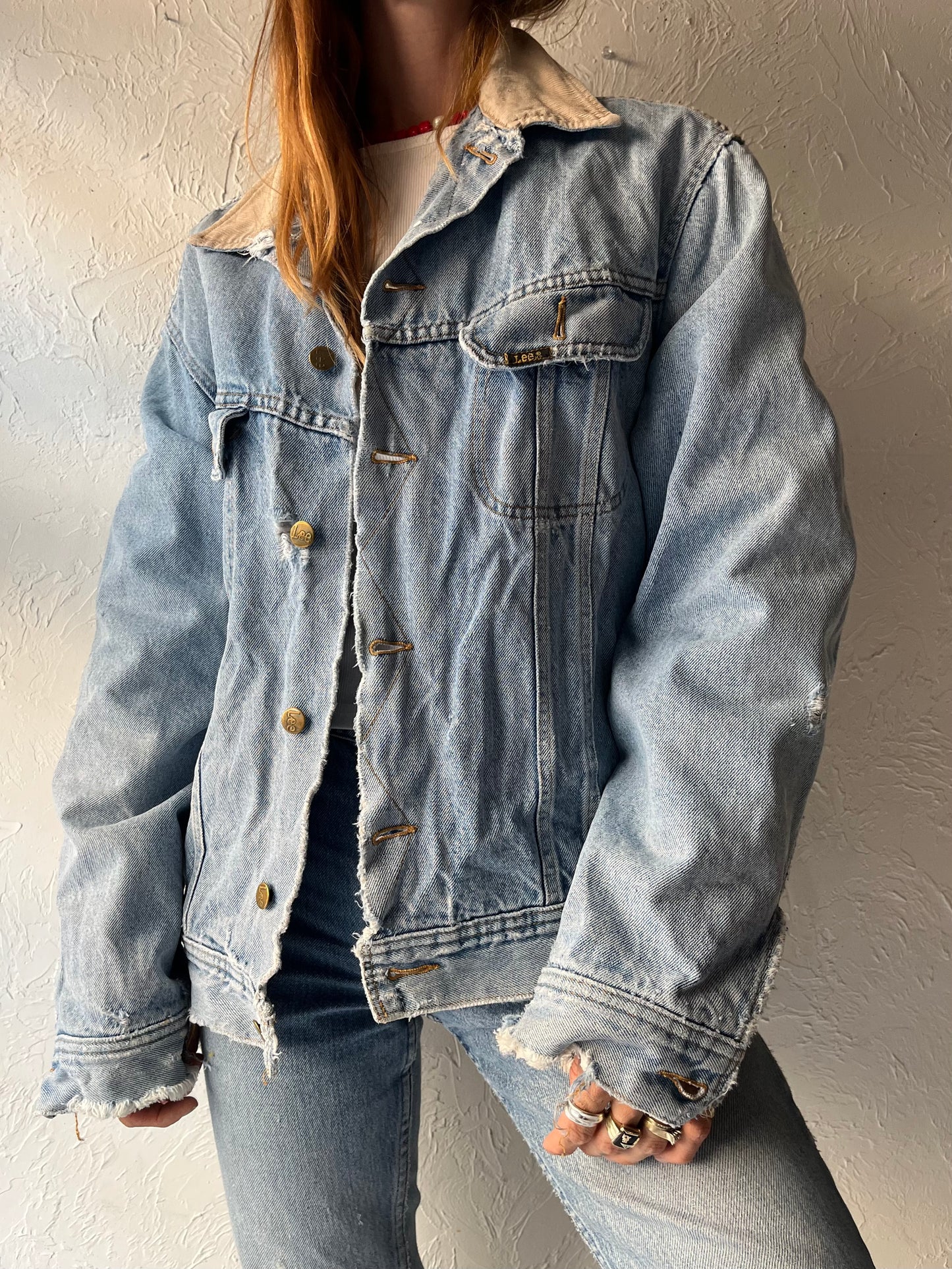 80s 'Lee Stormrider' Thrashed Blanket Lined Denim Jacket / Large