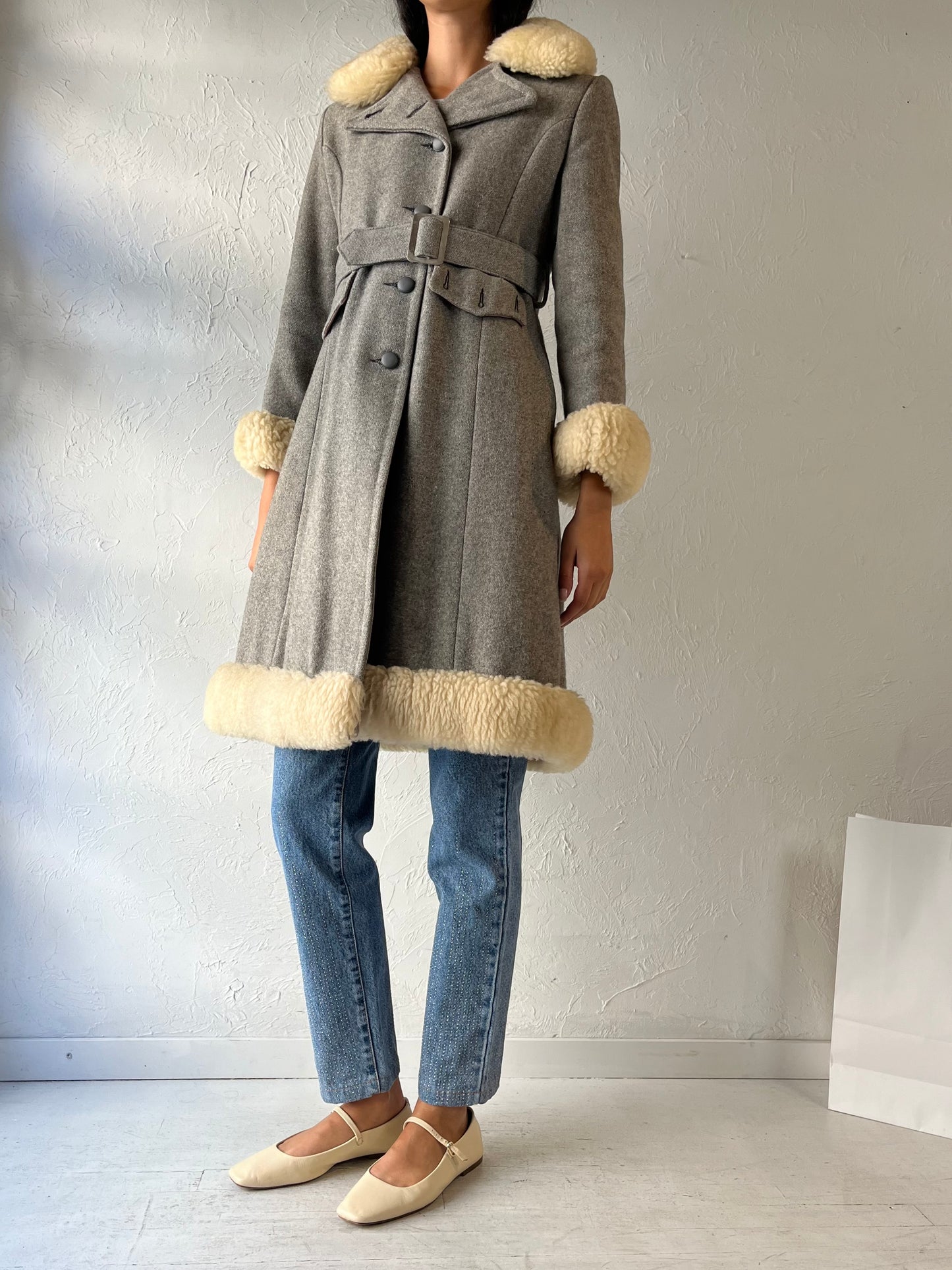 70s Gray Knit Winter Coat / Small