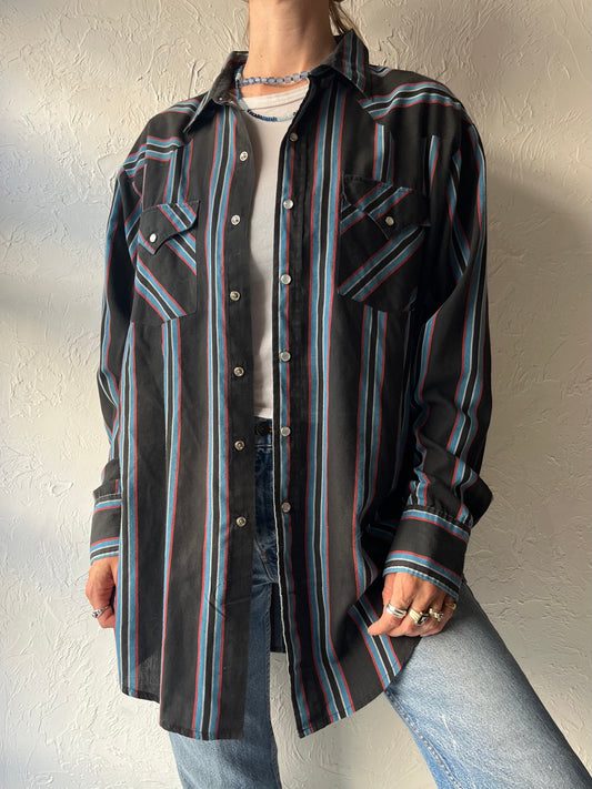 Y2k 'Western Craft' Black Striped Western Cowboy Workwear Pearl Snap Up Shirt / Large