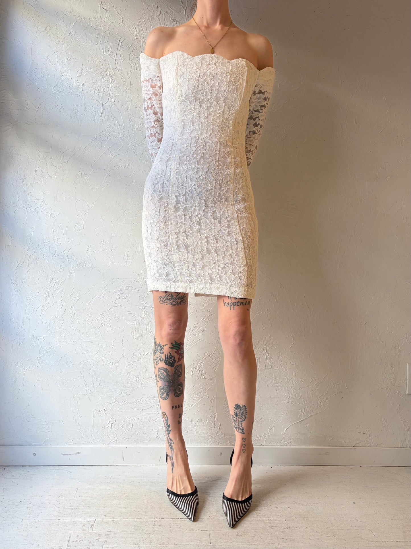 90s 'Onno' White Lace Mini Dress / Small