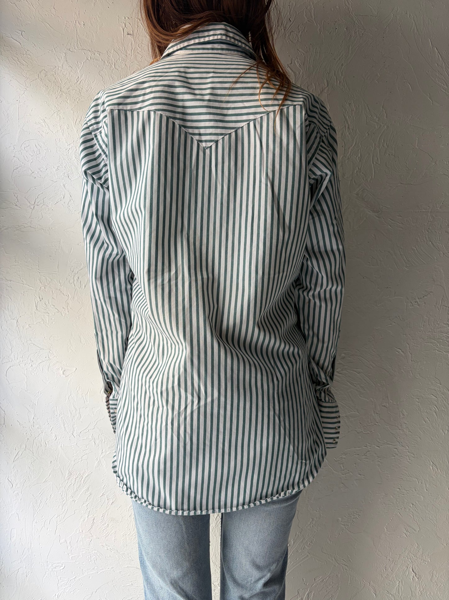 90s 'Flying Ranch Wear' Green Stripped Western Pearl Snap Up Shirt / Vintage 1990s Cowboy Workwear Shirt / Medium