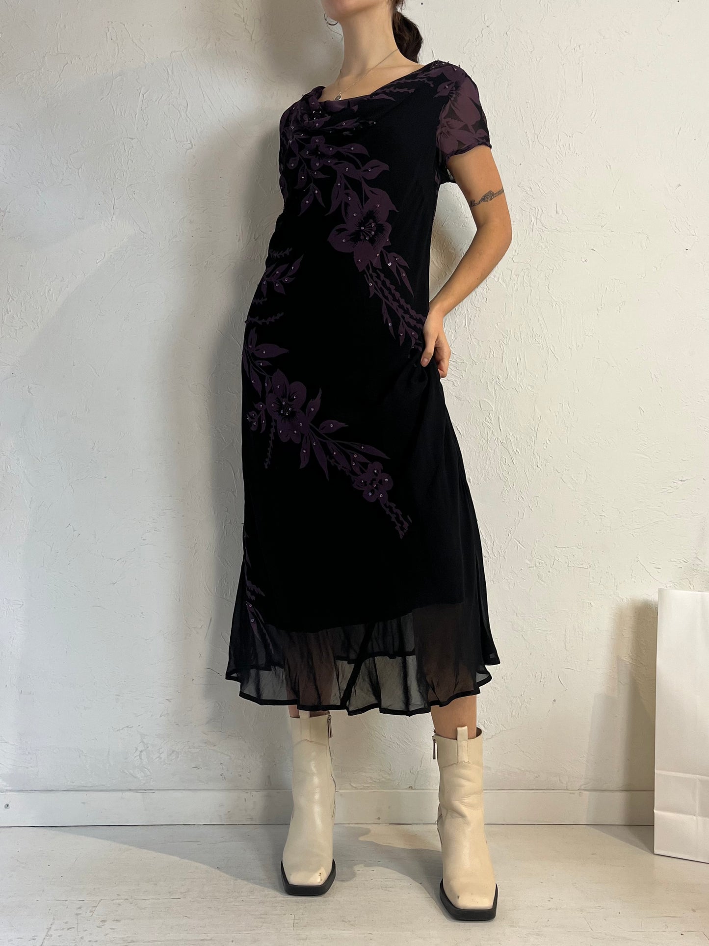 90s 'Jessica' Black Mesh Floral Dress / Medium - Large