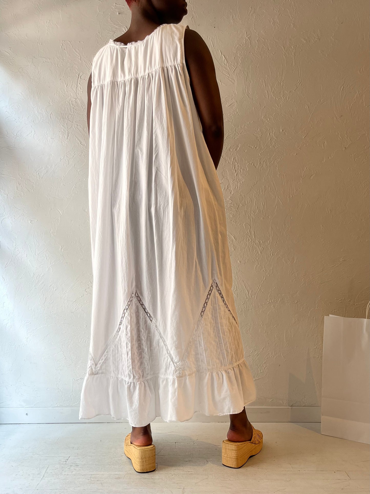 90s 'Eileen West' White Cotton Maxi Dress / Large