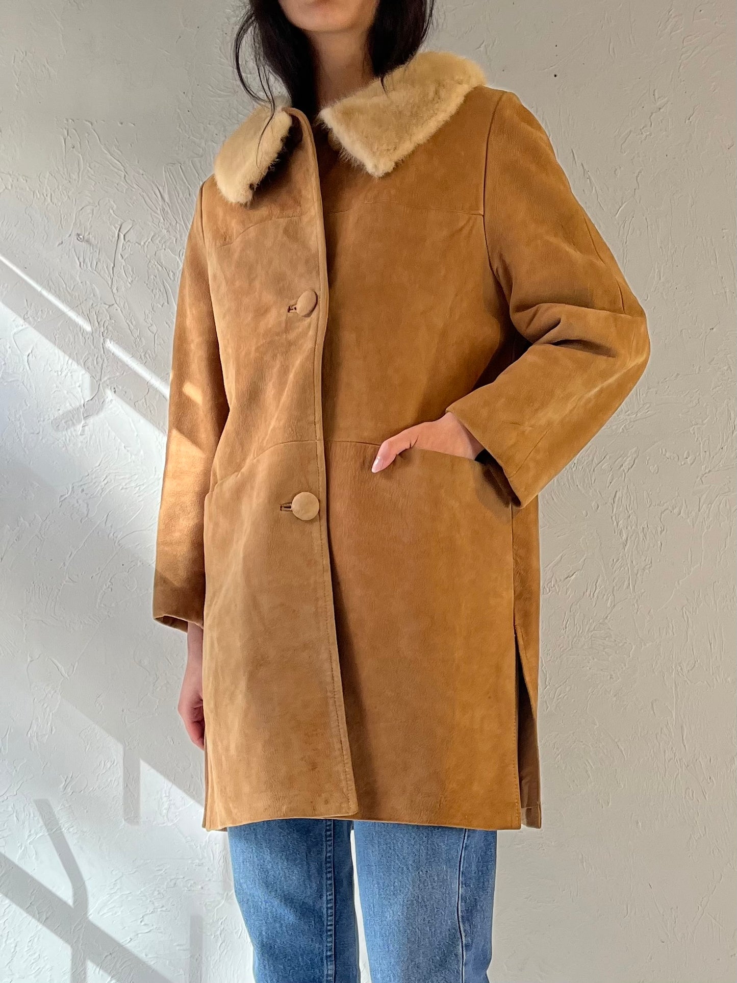 70s Suede Tan Leather Coat with Fur Trim / Small