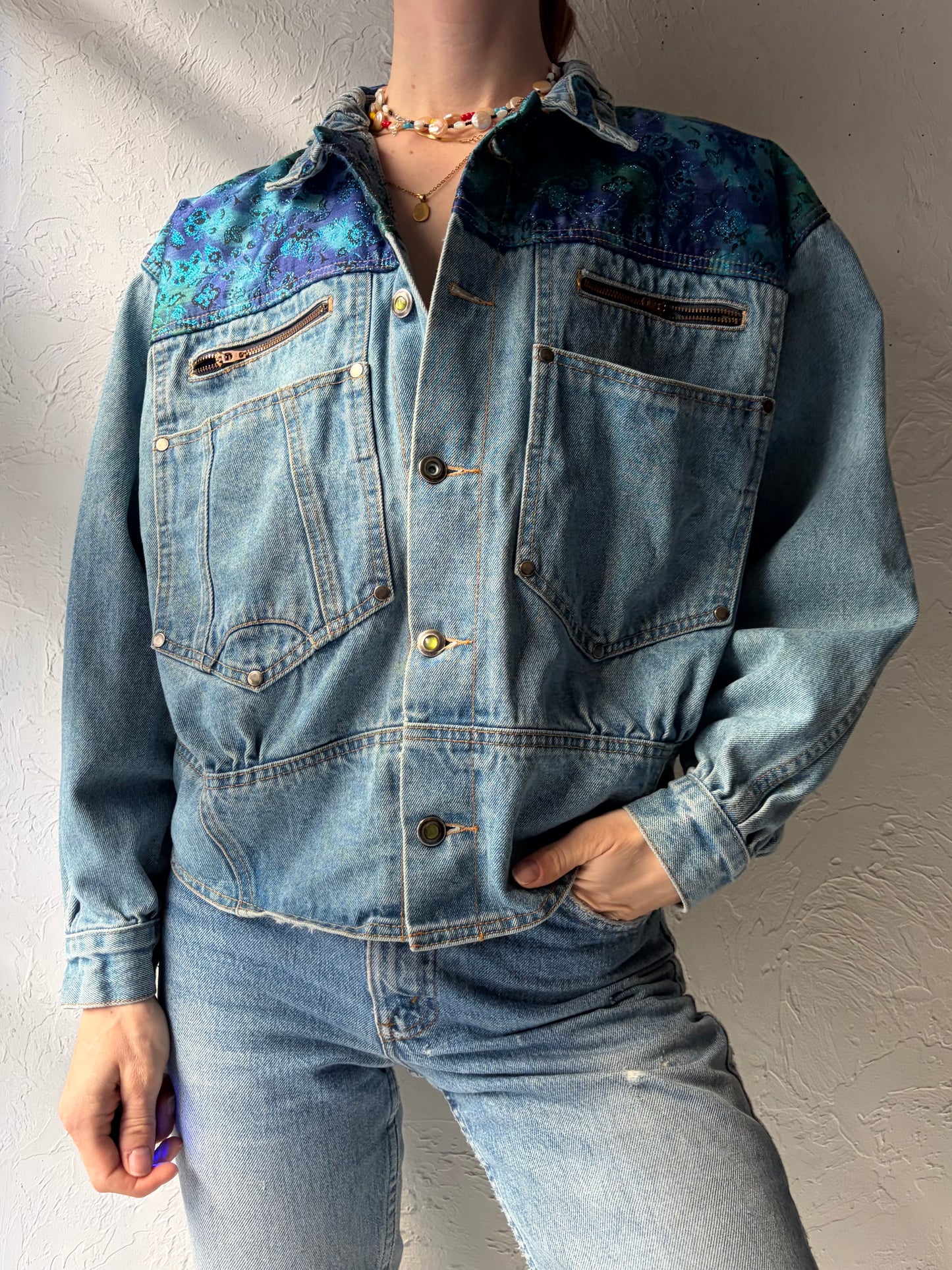 80s Denim Retro Bomber Style Jacket / Medium