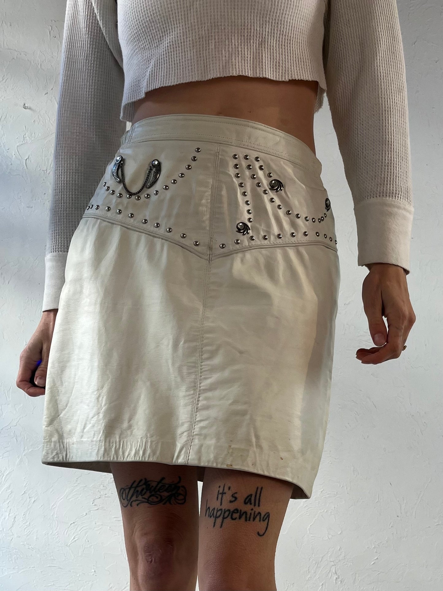 80s White Leather Mini Skirt / Small