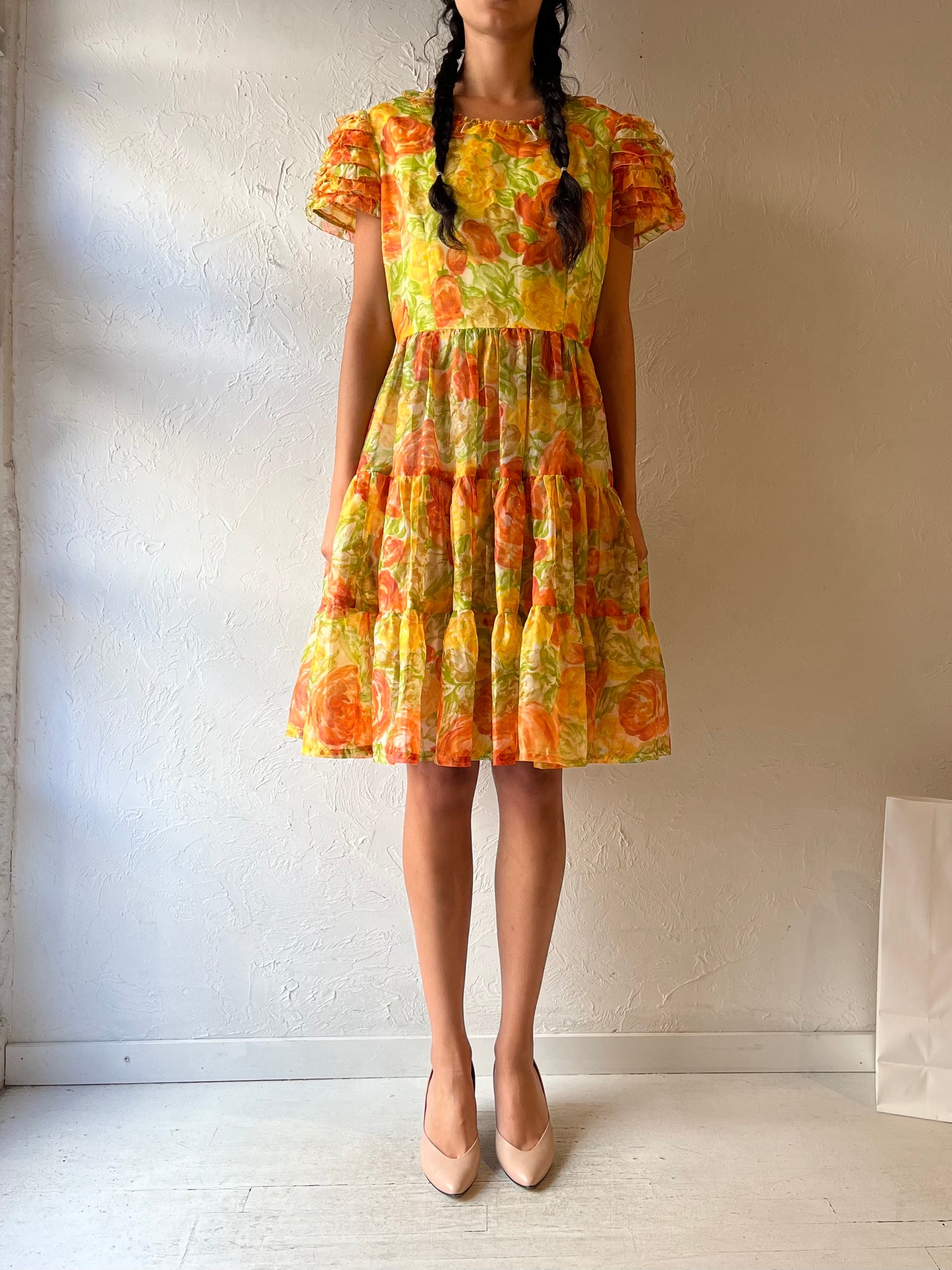 60s 'Glamour Dance Craft Ltd.' Tiered Floral Midi Dress / Medium