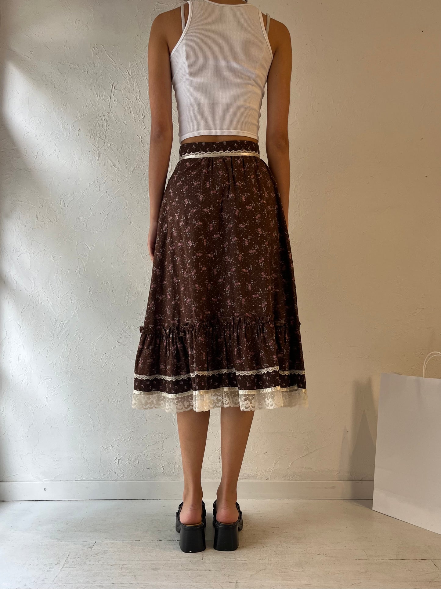 70s 'Gunne Sax' Brown Floral Print Peasant Skirt / Small