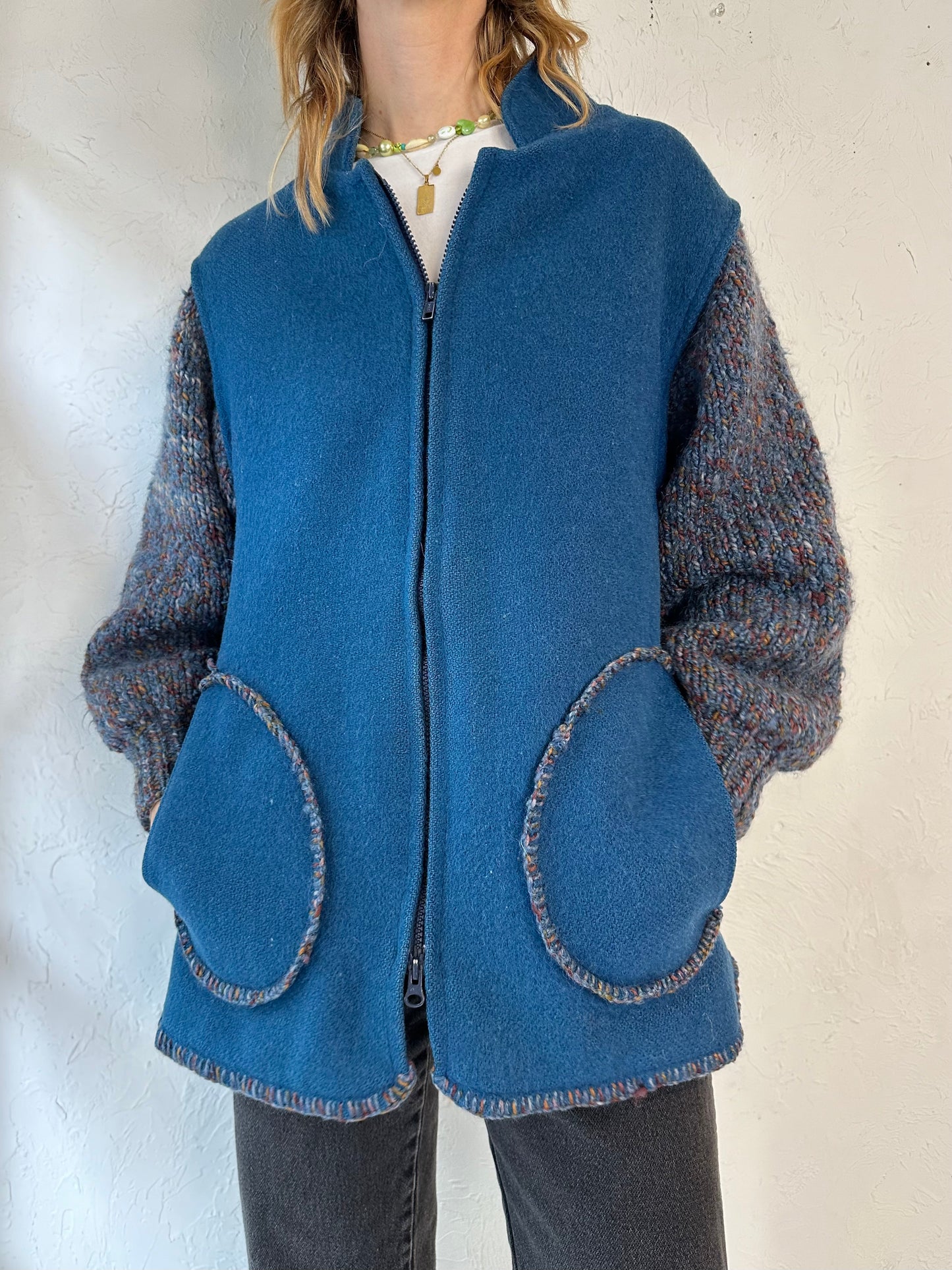 Vintage Hand Knit Wool Jacket with Knit Sleeves / Medium